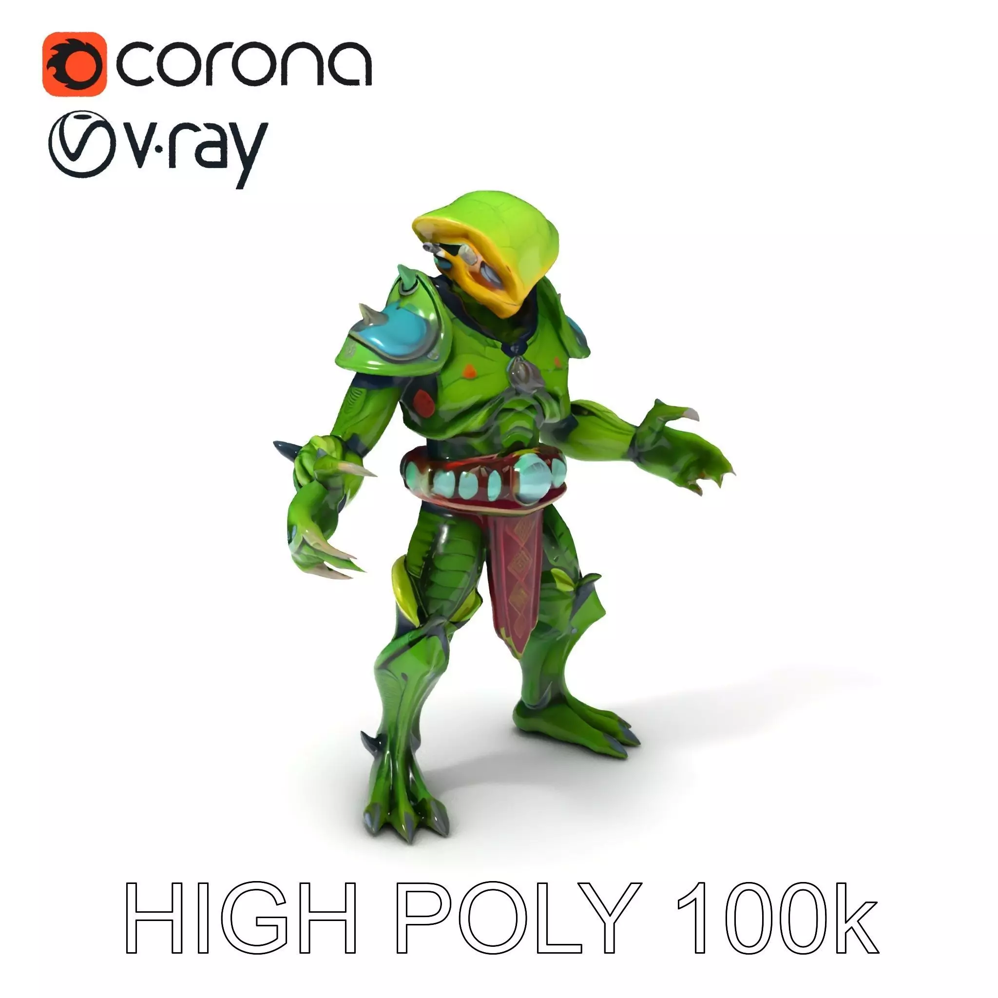 Green Reptilian Warrior D Model with Armored Spikes Low-poly 3D model_0