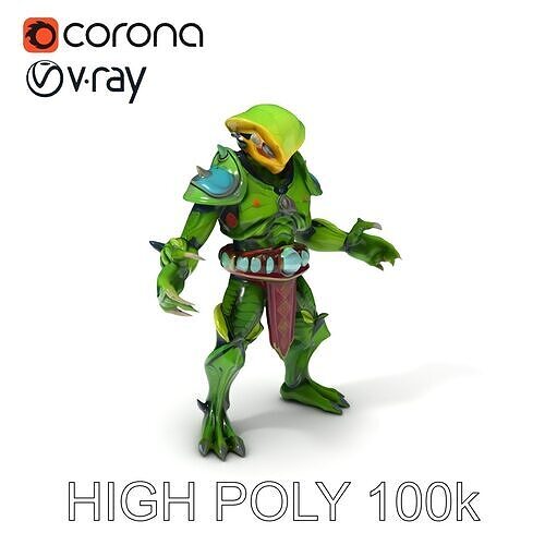 Green Reptilian Warrior D Model with Armored Spikes Low-poly 3D model
