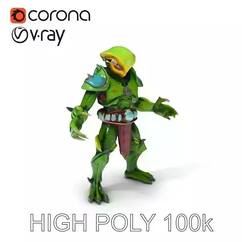 Green Reptilian Warrior D Model with Armored Spikes Low-poly 3D model
