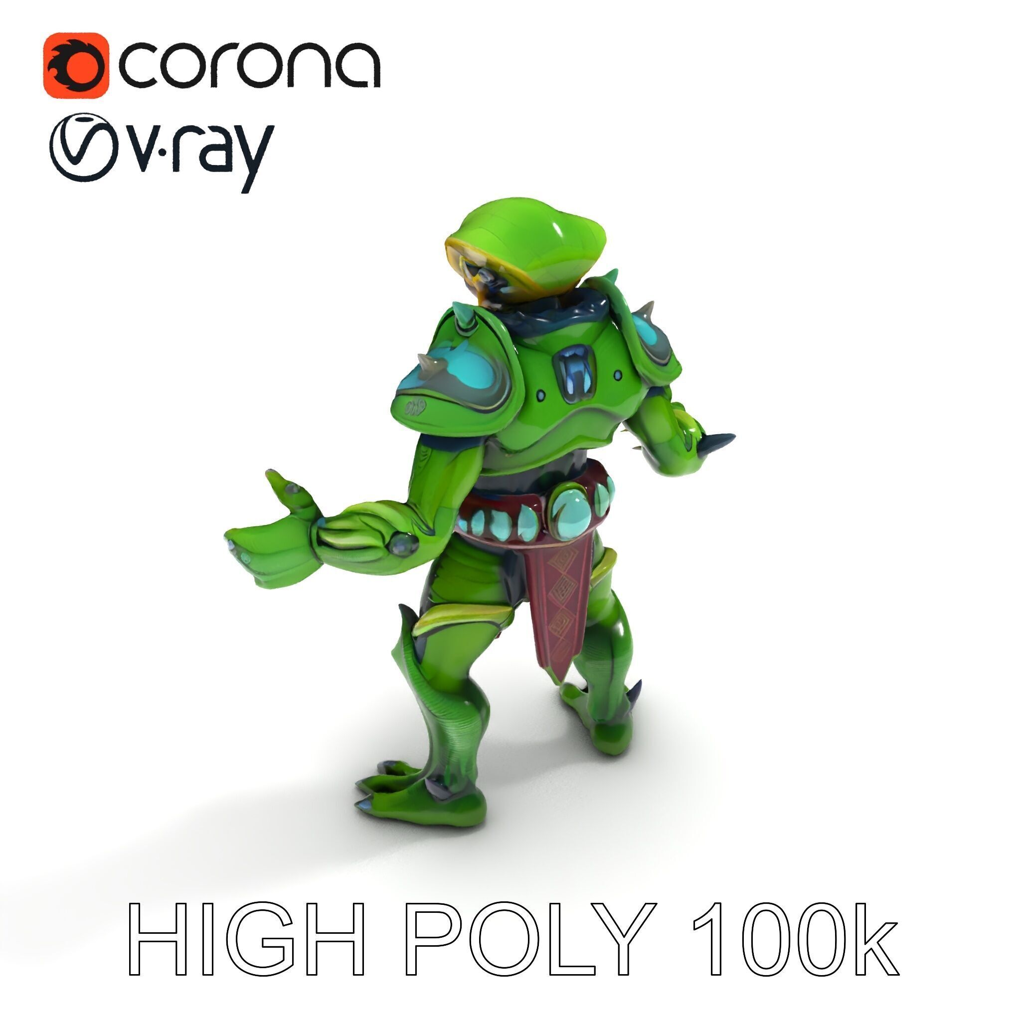Green Reptilian Warrior D Model with Armored Spikes Low-poly 3D model_36
