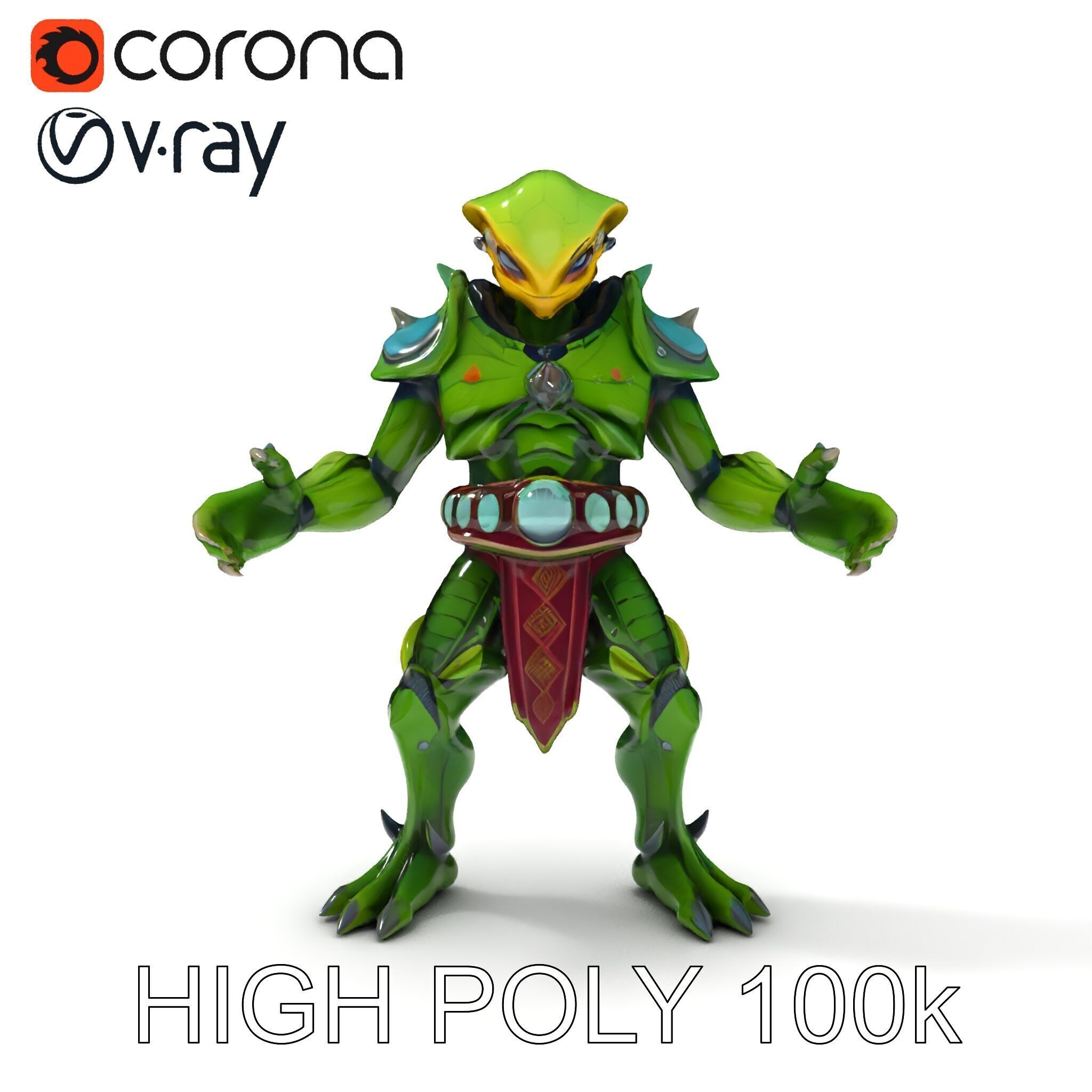 Green Reptilian Warrior D Model with Armored Spikes Low-poly 3D model_31
