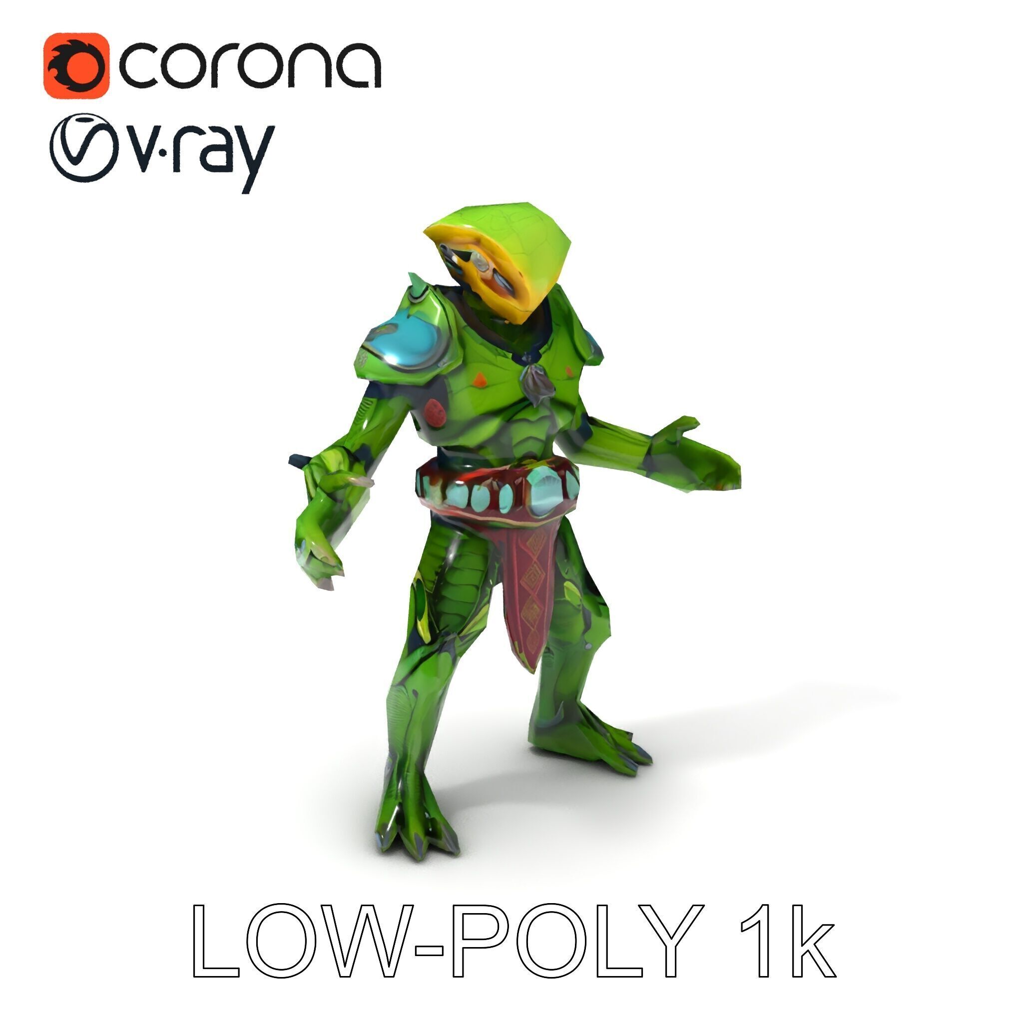 Green Reptilian Warrior D Model with Armored Spikes Low-poly 3D model_20