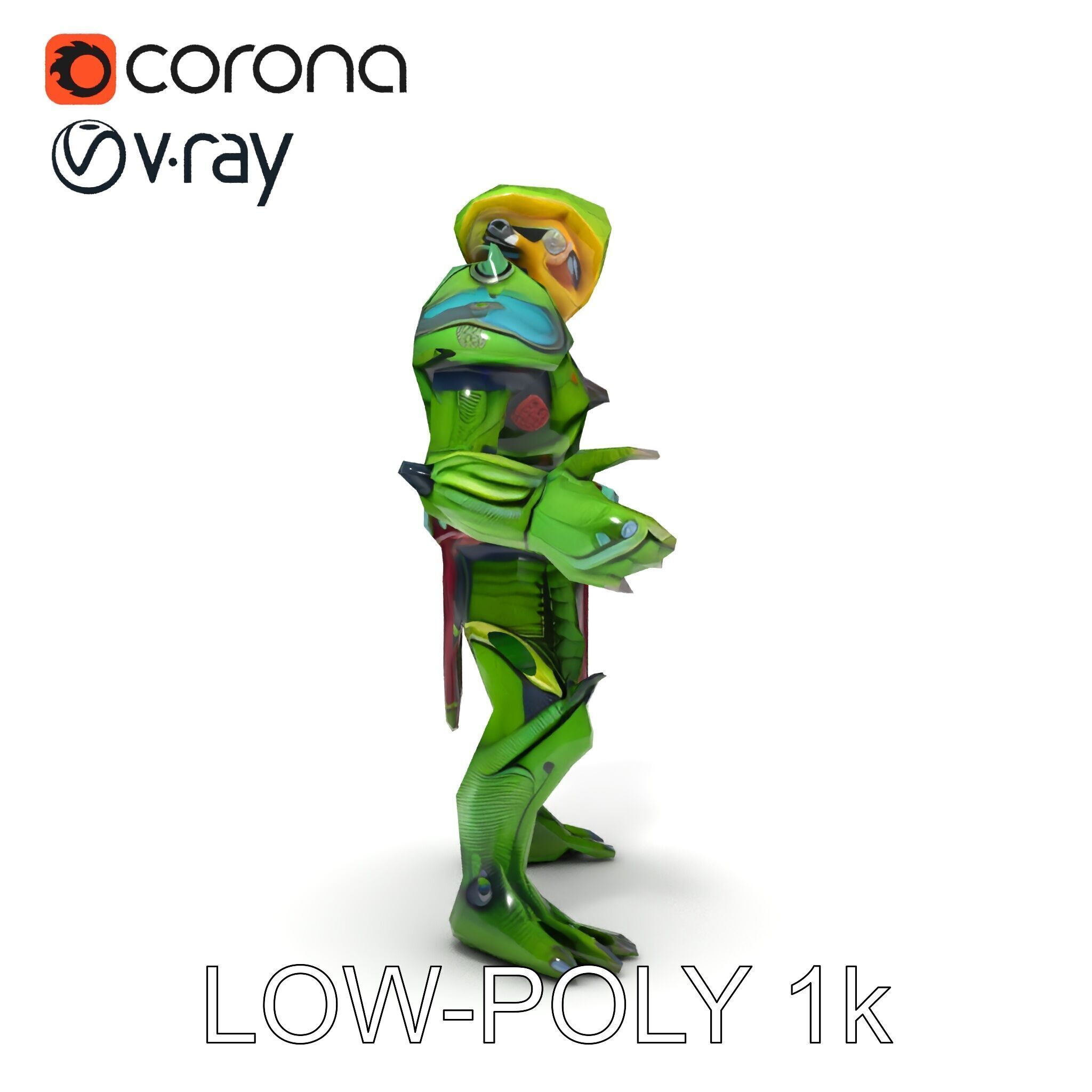 Green Reptilian Warrior D Model with Armored Spikes Low-poly 3D model_28