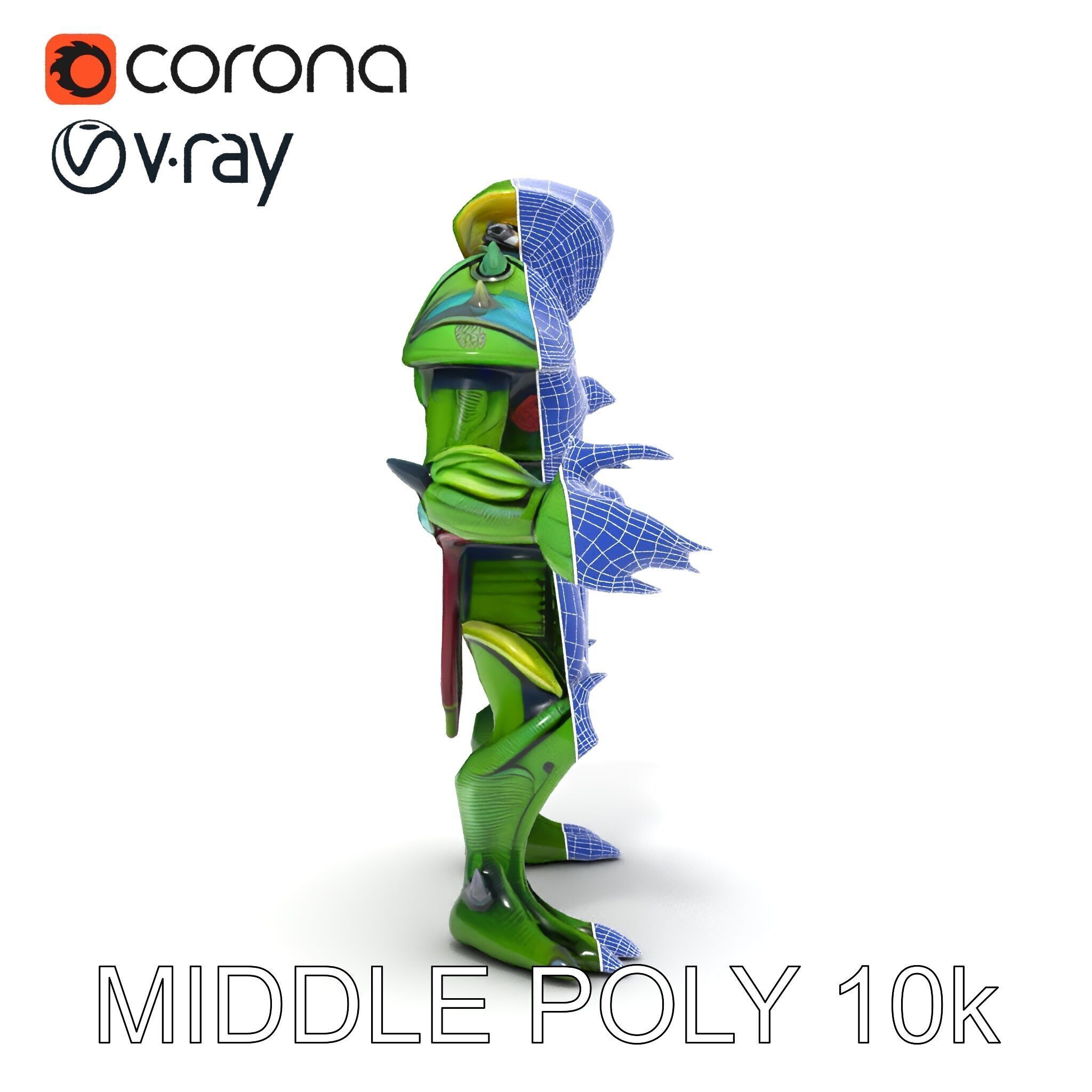 Green Reptilian Warrior D Model with Armored Spikes Low-poly 3D model_29