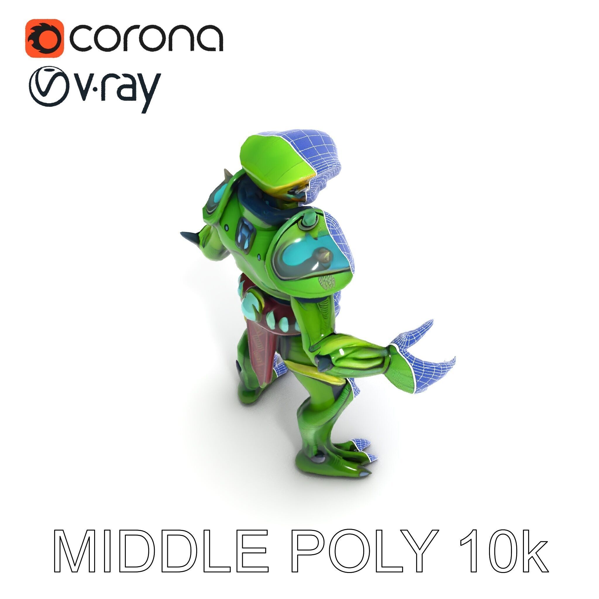 Green Reptilian Warrior D Model with Armored Spikes Low-poly 3D model_8