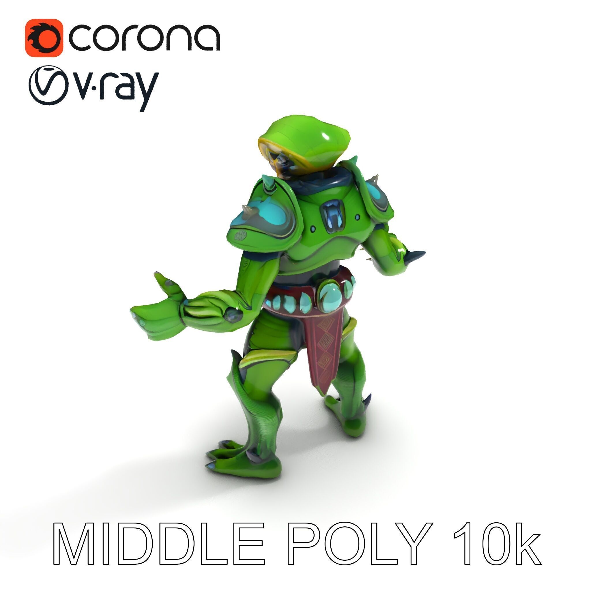 Green Reptilian Warrior D Model with Armored Spikes Low-poly 3D model_32