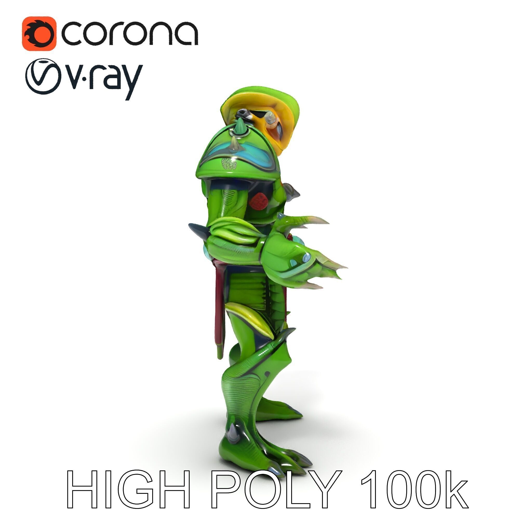 Green Reptilian Warrior D Model with Armored Spikes Low-poly 3D model_26