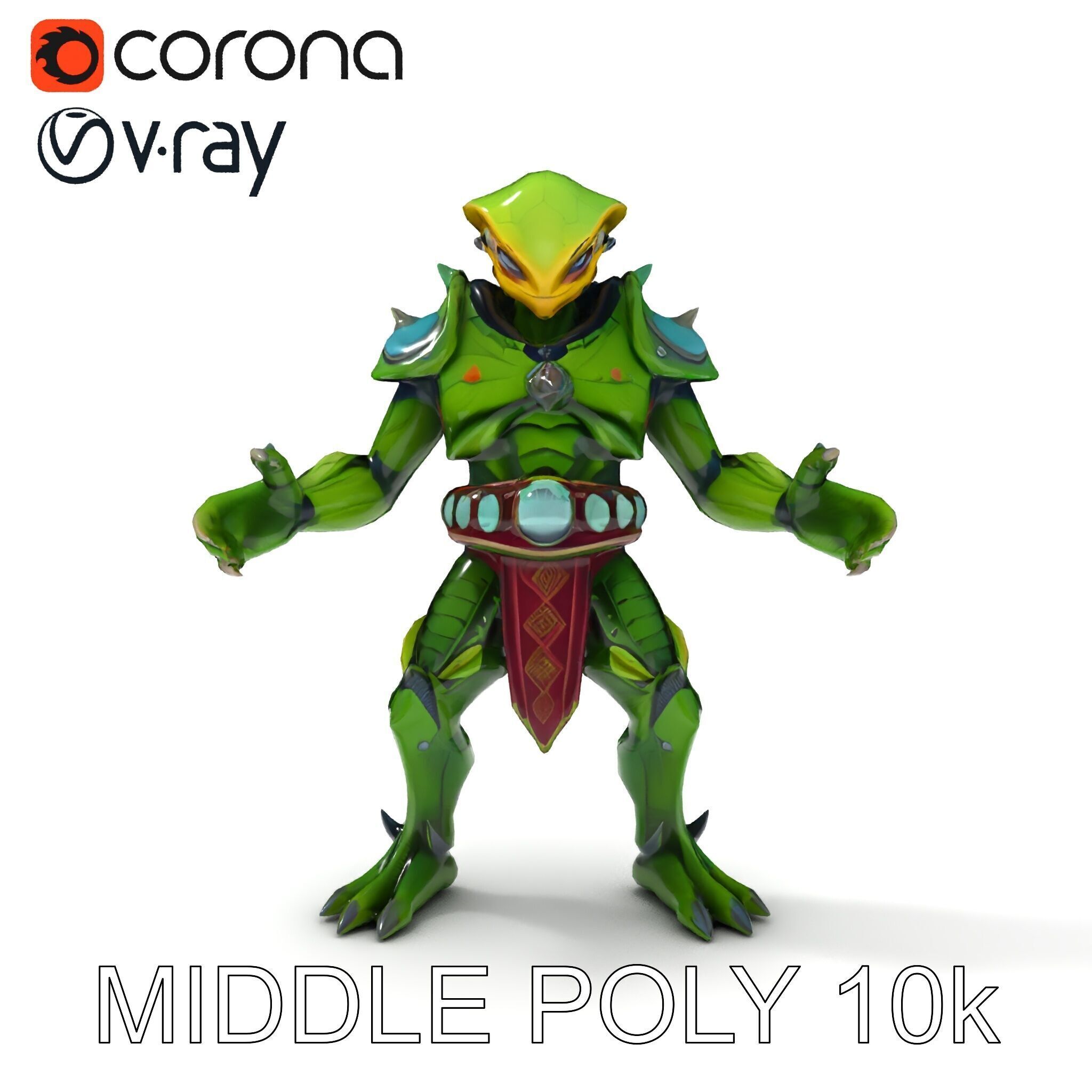 Green Reptilian Warrior D Model with Armored Spikes Low-poly 3D model_11