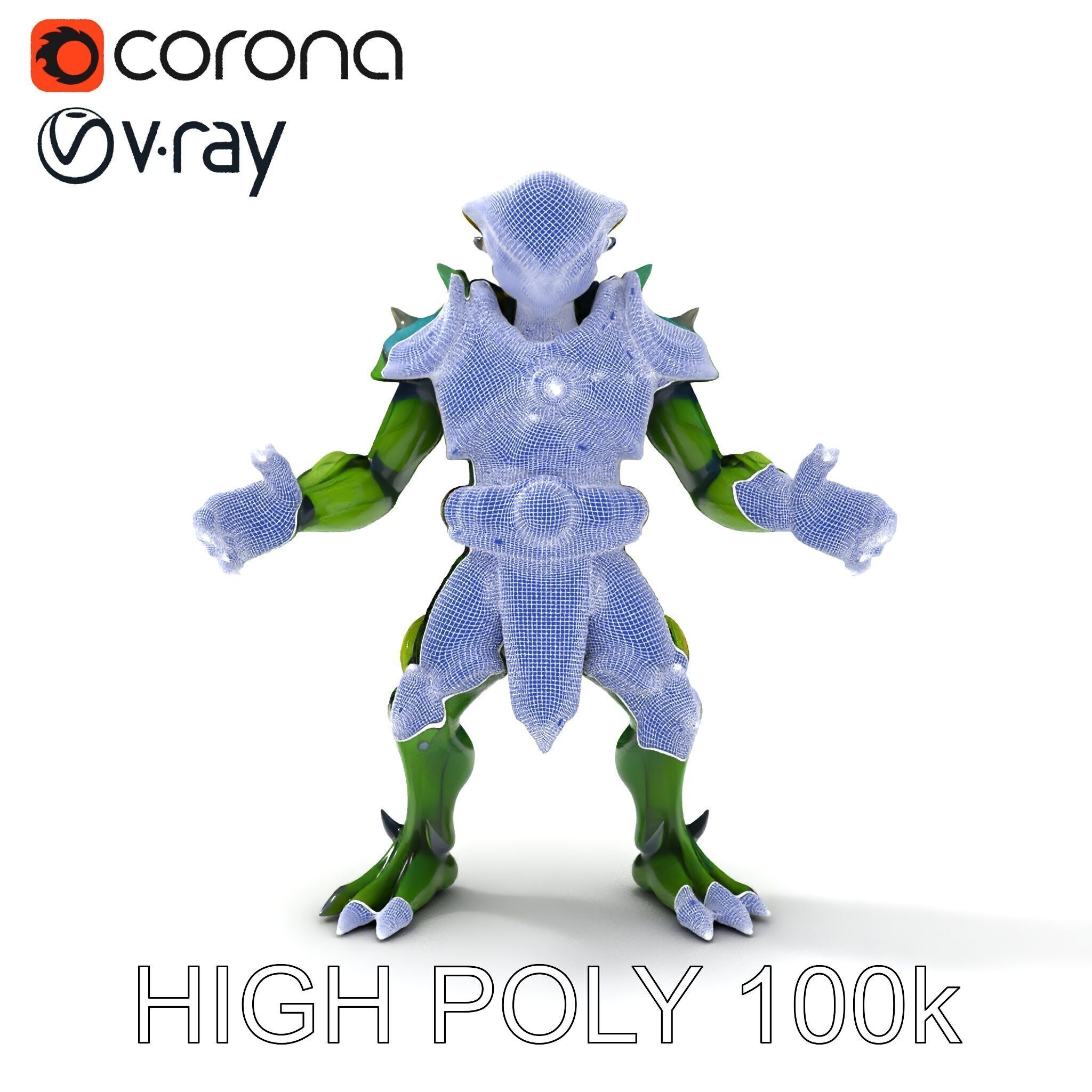 Green Reptilian Warrior D Model with Armored Spikes Low-poly 3D model_15