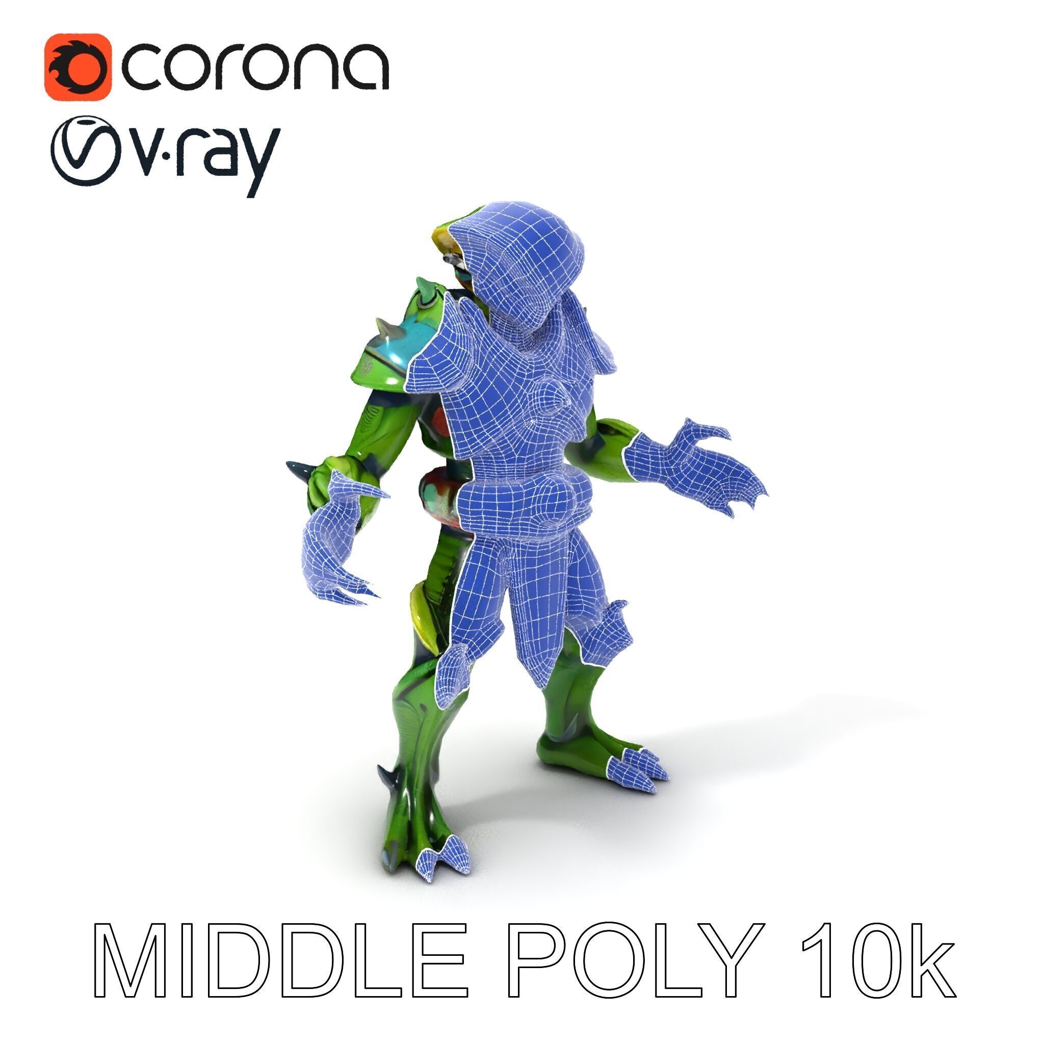 Green Reptilian Warrior D Model with Armored Spikes Low-poly 3D model_16