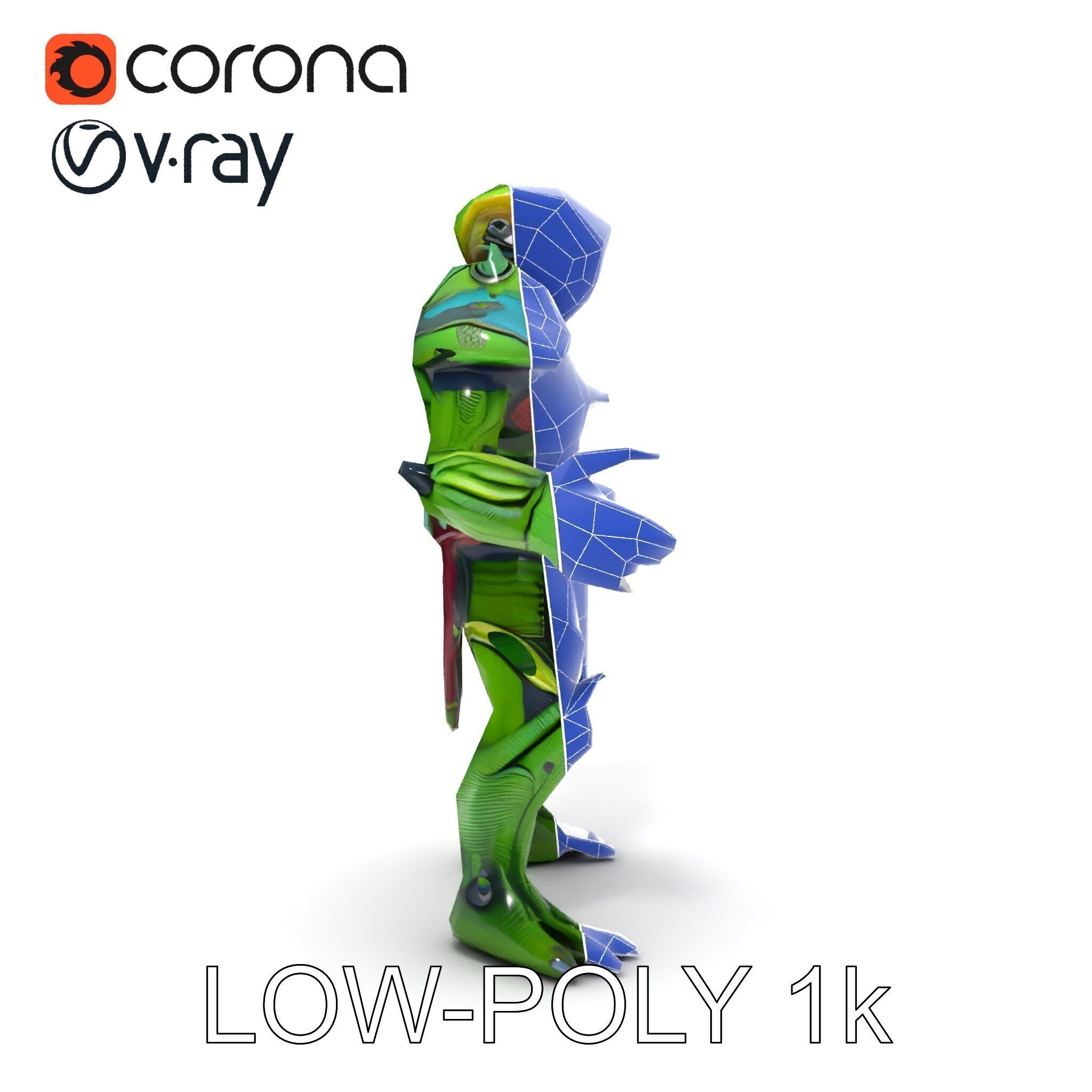 Green Reptilian Warrior D Model with Armored Spikes Low-poly 3D model_30