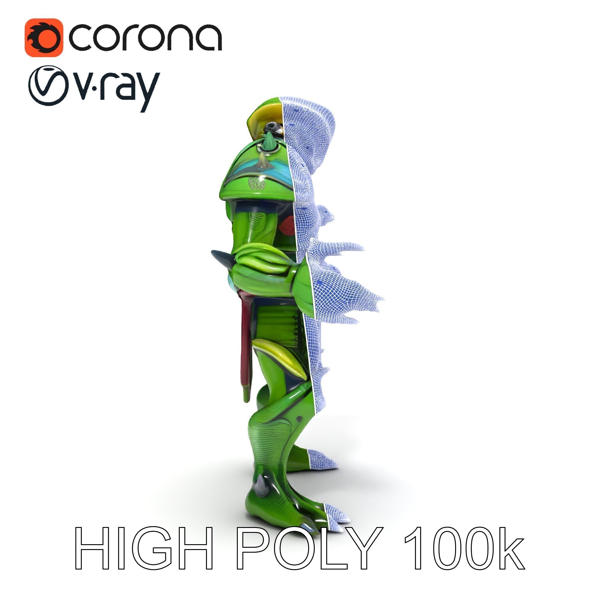 Green Reptilian Warrior D Model with Armored Spikes Low-poly 3D model_18