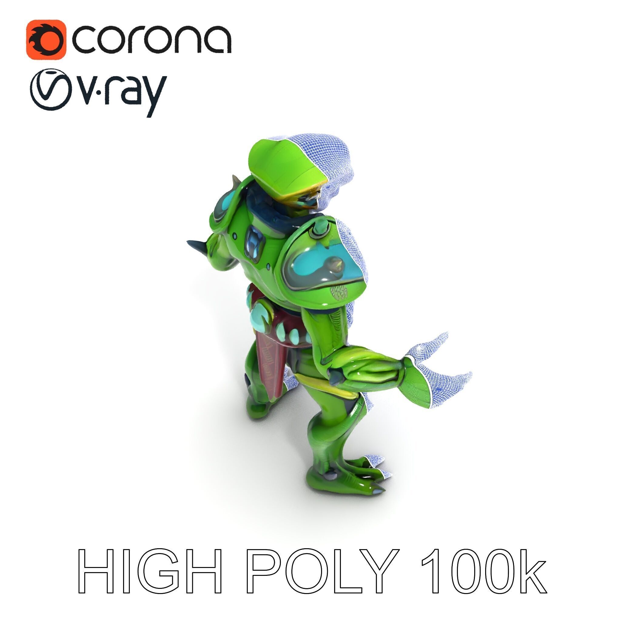 Green Reptilian Warrior D Model with Armored Spikes Low-poly 3D model_21