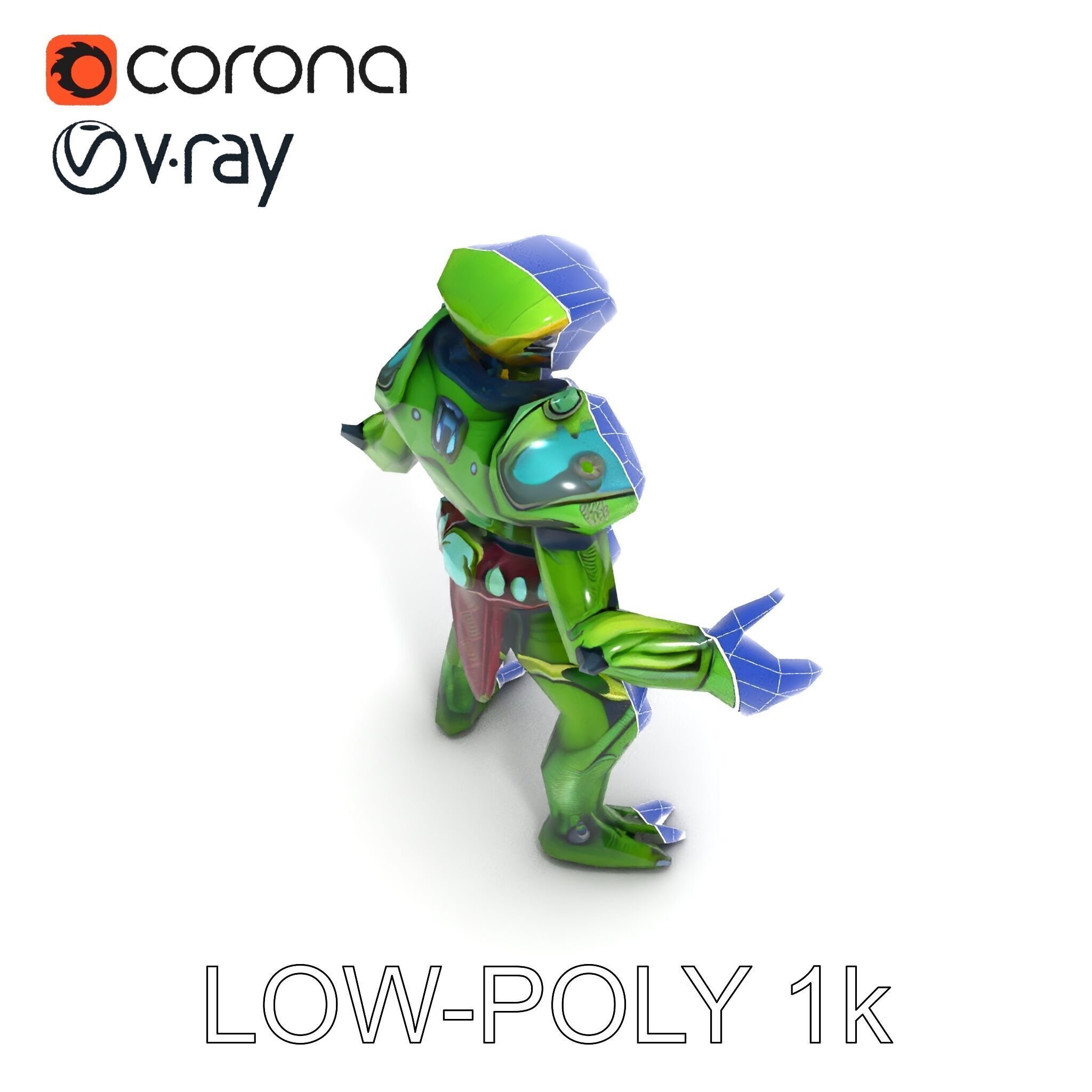 Green Reptilian Warrior D Model with Armored Spikes Low-poly 3D model_9