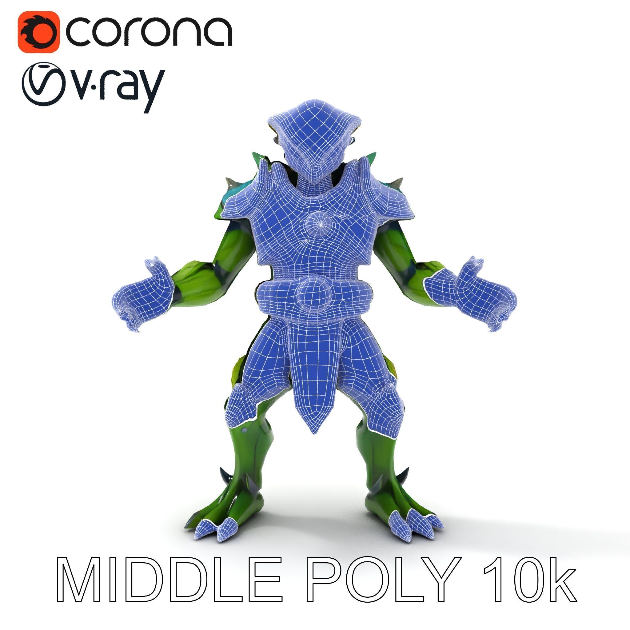 Green Reptilian Warrior D Model with Armored Spikes Low-poly 3D model_24