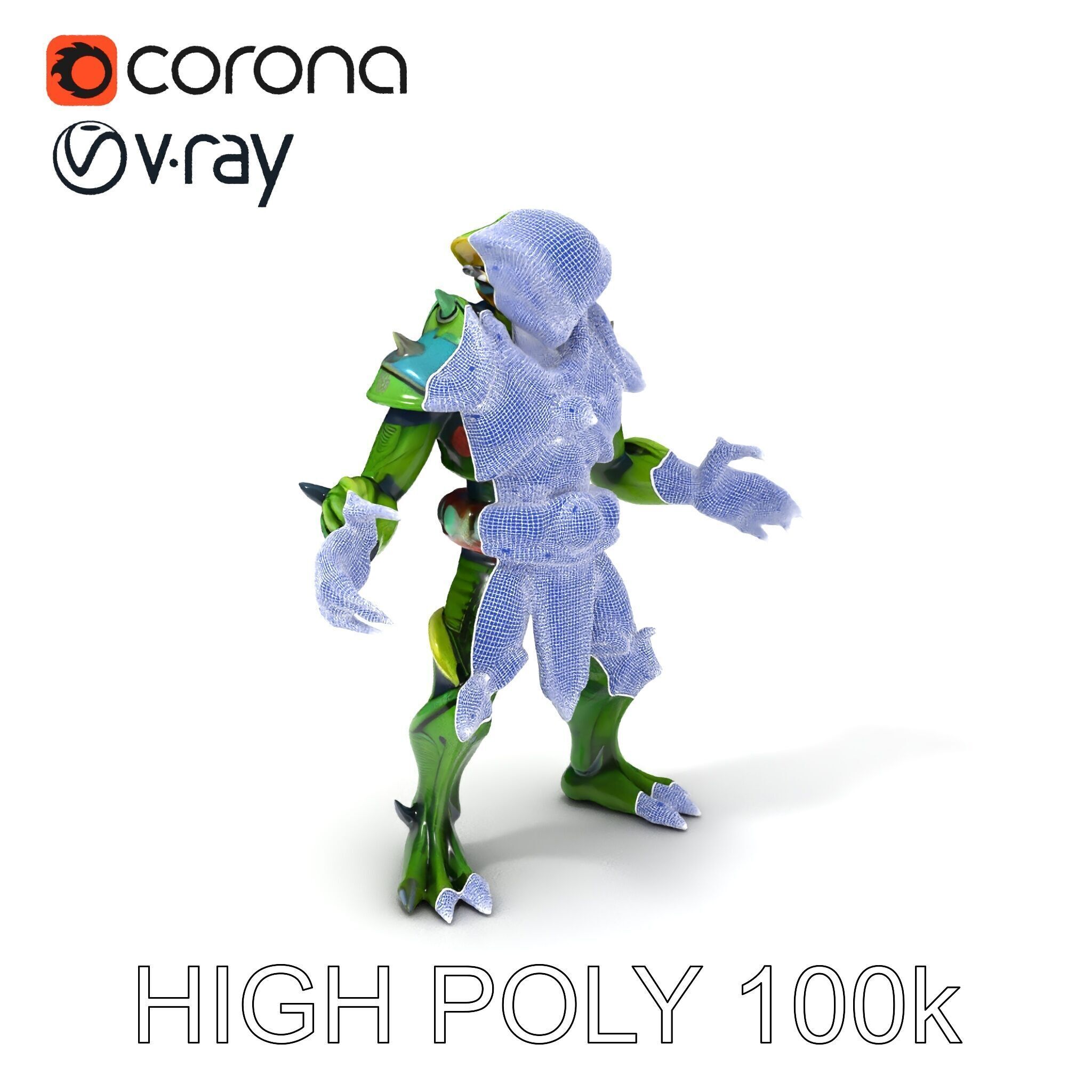 Green Reptilian Warrior D Model with Armored Spikes Low-poly 3D model_3