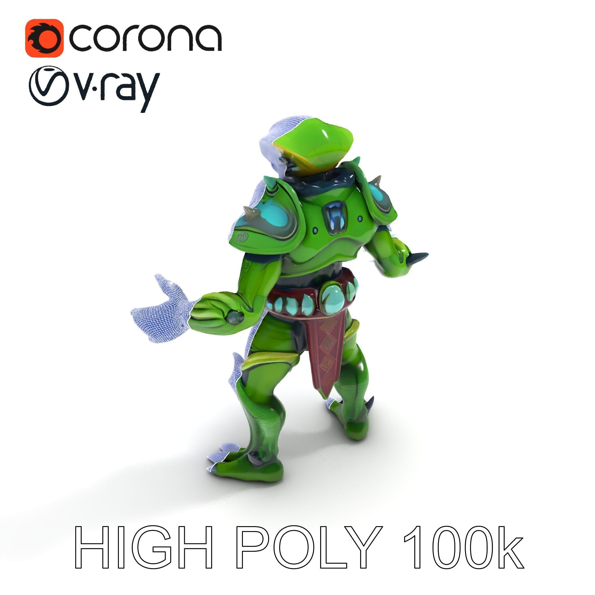 Green Reptilian Warrior D Model with Armored Spikes Low-poly 3D model_34