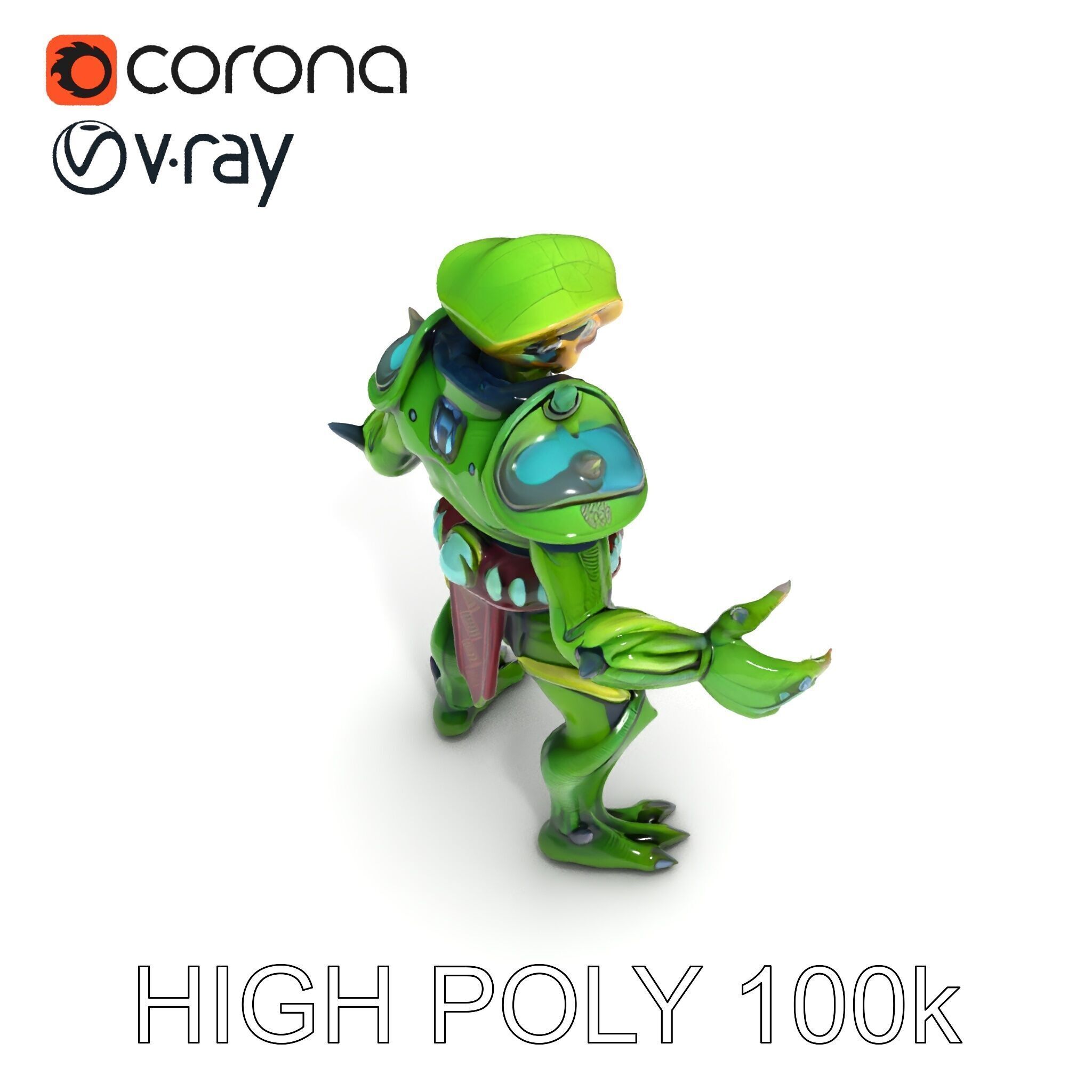 Green Reptilian Warrior D Model with Armored Spikes Low-poly 3D model_10