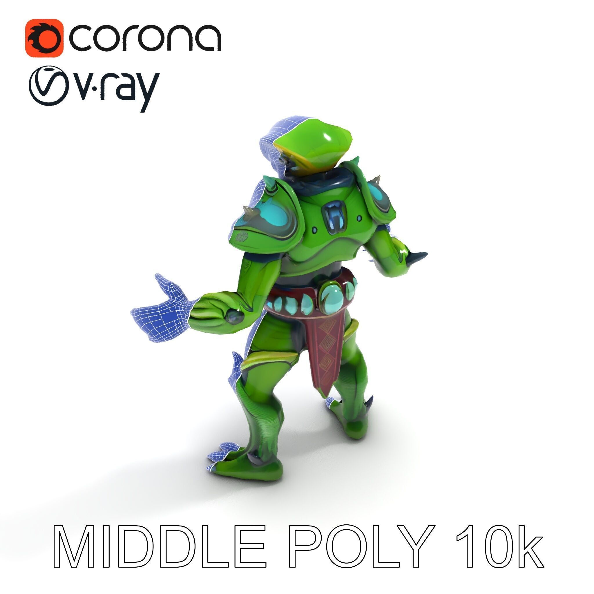 Green Reptilian Warrior D Model with Armored Spikes Low-poly 3D model_22