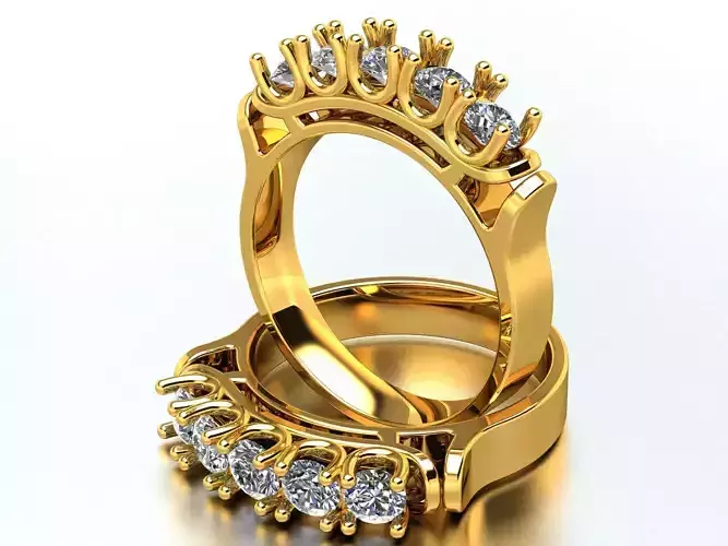 Five Stone Gold Ring with Round Diamonds STL OBJ