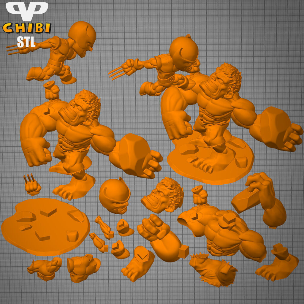 Wolverine vs Hulk Chibi STL for 3D Printing ChibiSTL 3DXM 3D print model_3