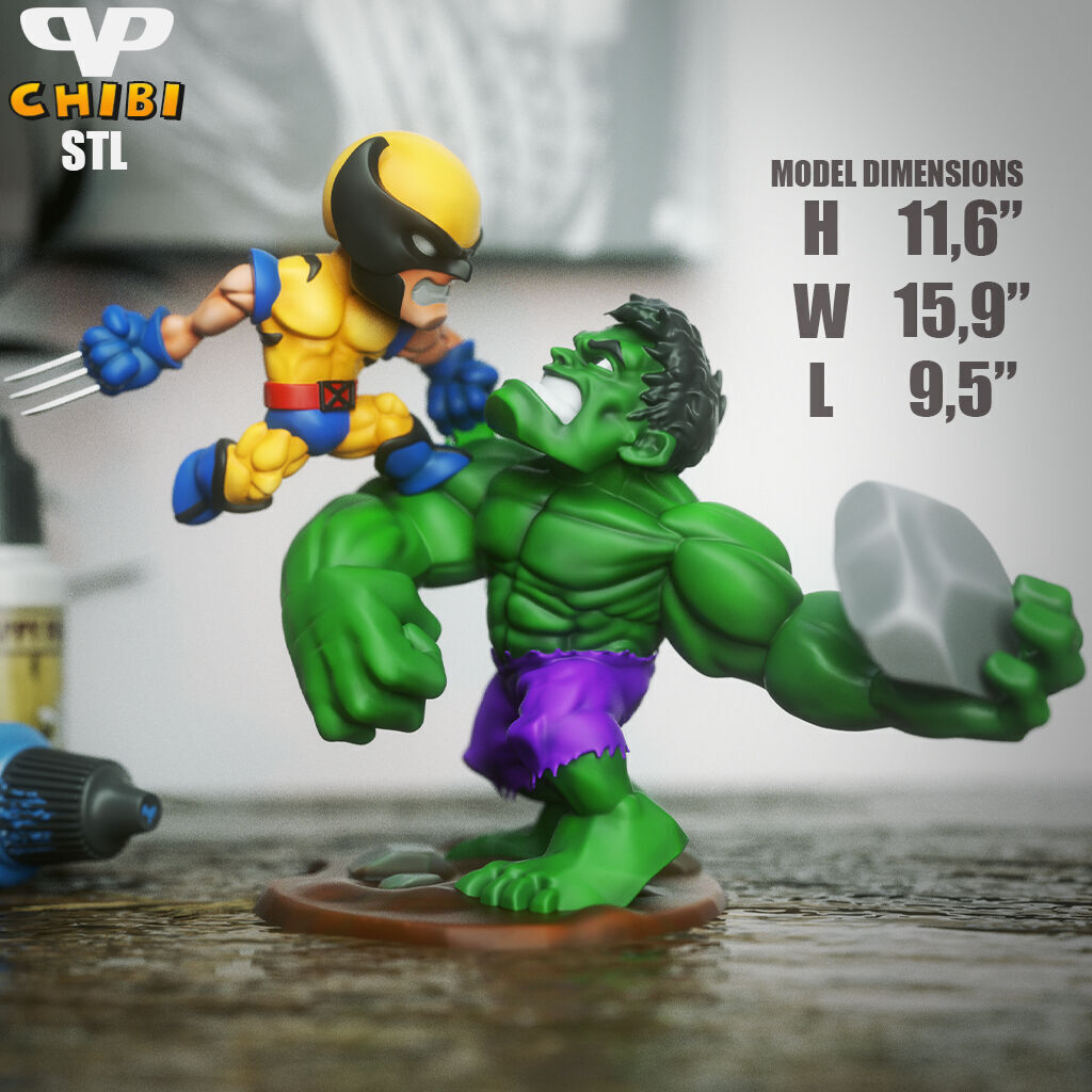 Wolverine vs Hulk Chibi STL for 3D Printing ChibiSTL 3DXM 3D print model_7