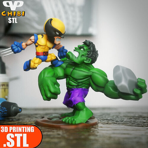 Wolverine vs Hulk Chibi STL for 3D Printing ChibiSTL 3DXM 3D print model
