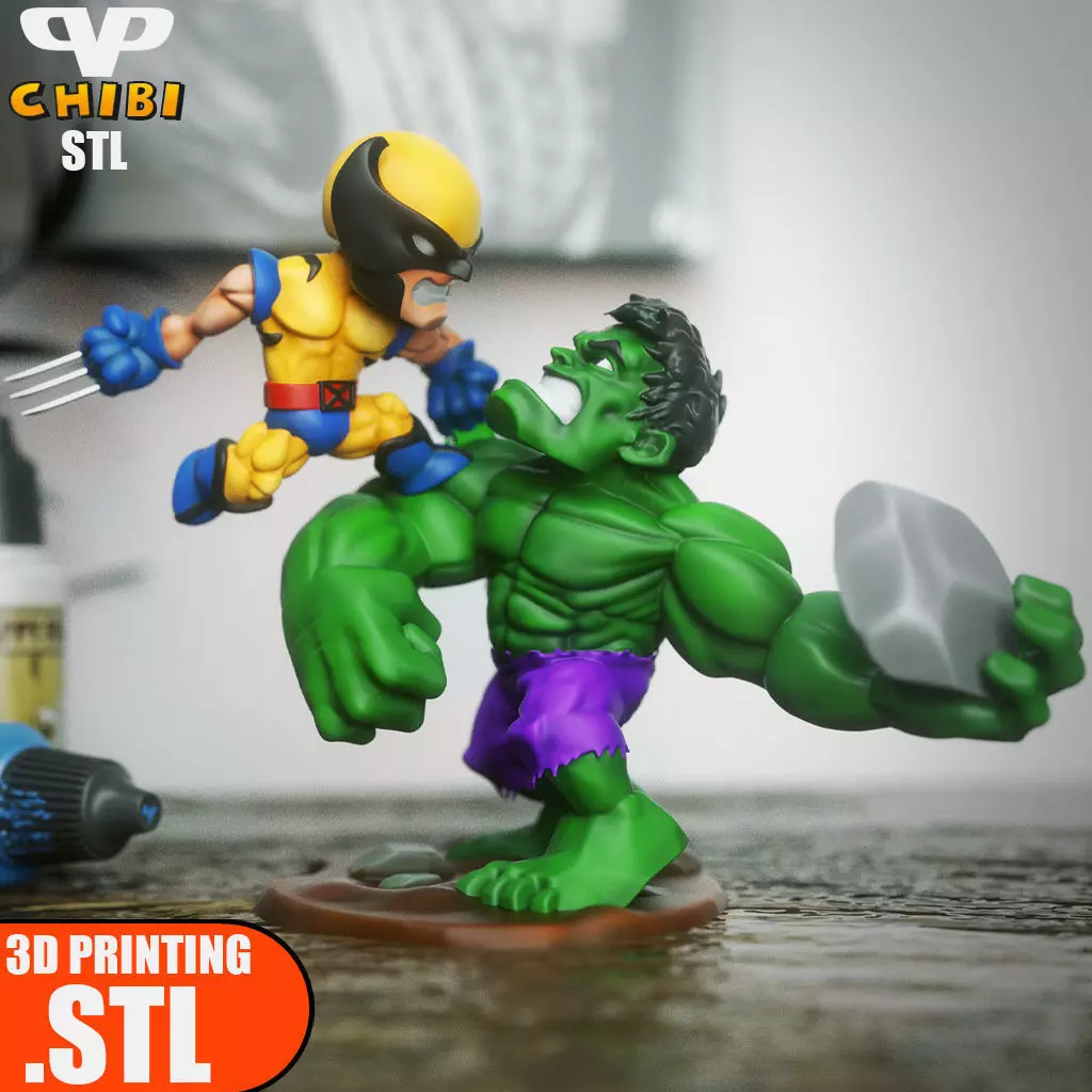 Wolverine vs Hulk Chibi STL for 3D Printing ChibiSTL 3DXM 3D print model_0
