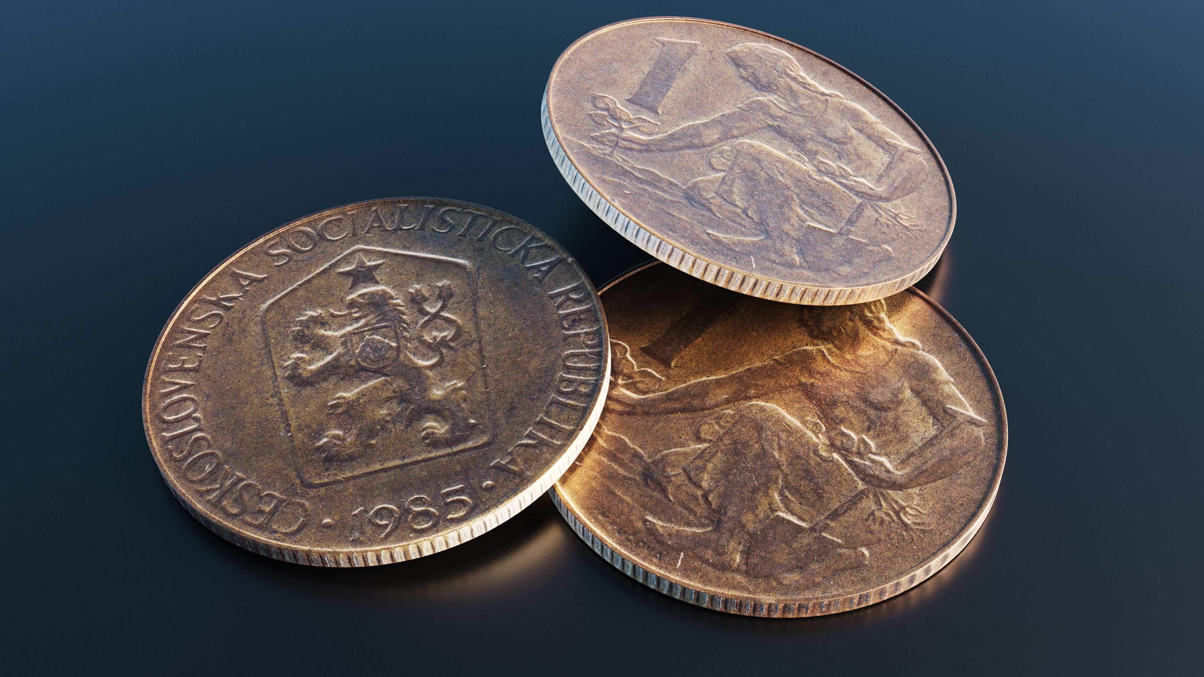 One Koruna coin Low-poly 3D model_9
