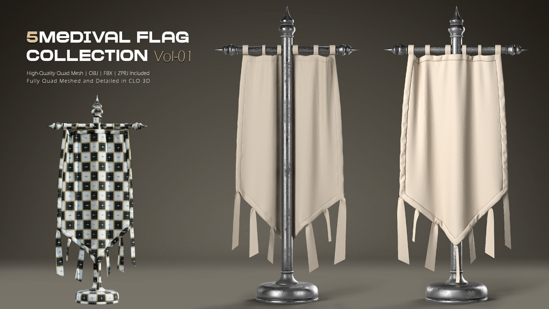 5 Medival Flag COLLECTION Vol 01 Low-poly 3D model_8