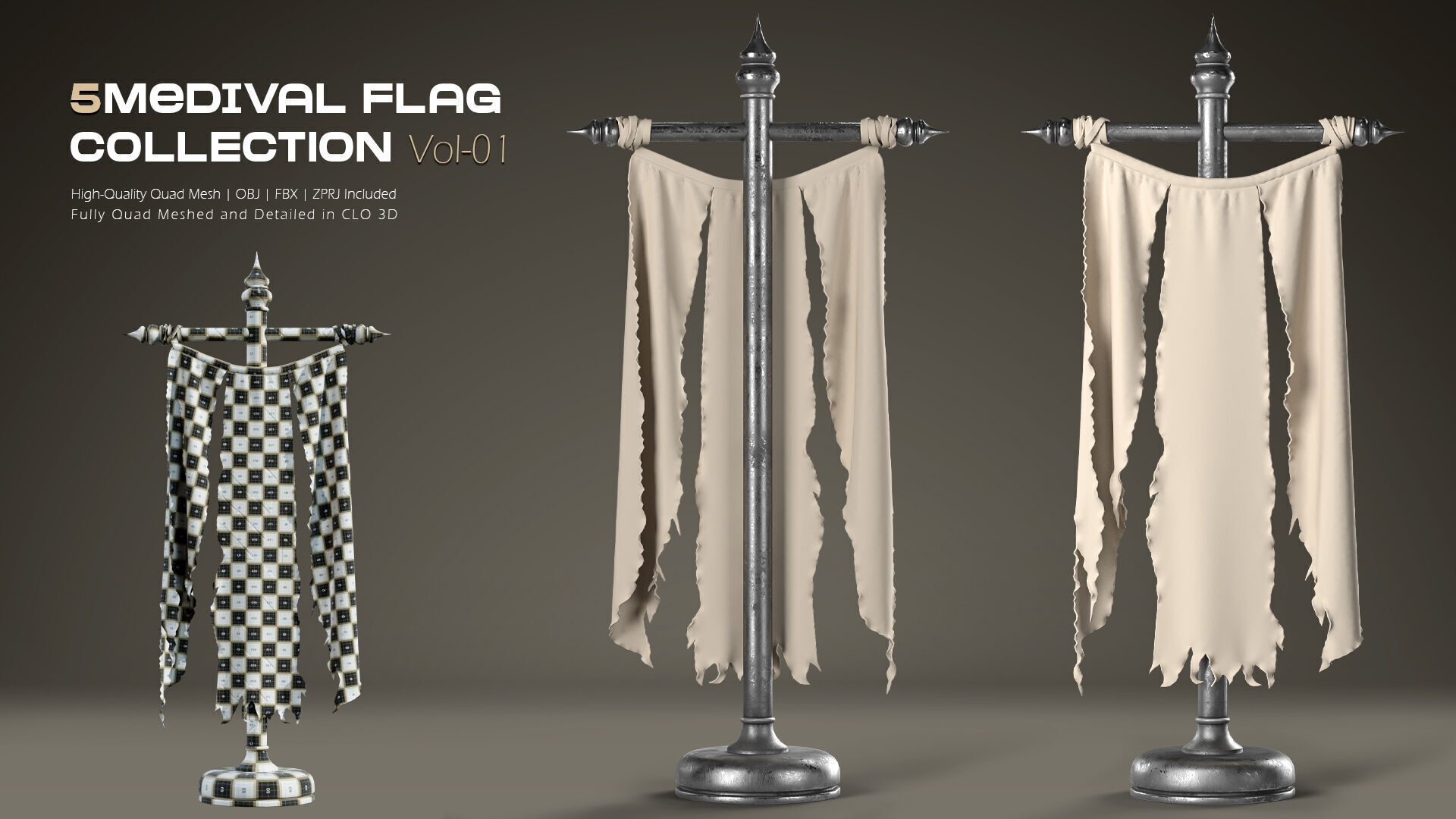 5 Medival Flag COLLECTION Vol 01 Low-poly 3D model_11