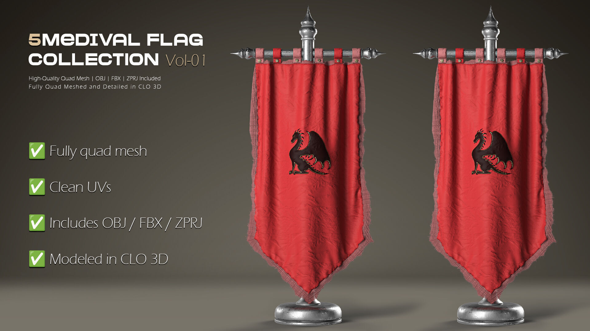 5 Medival Flag COLLECTION Vol 01 Low-poly 3D model_7