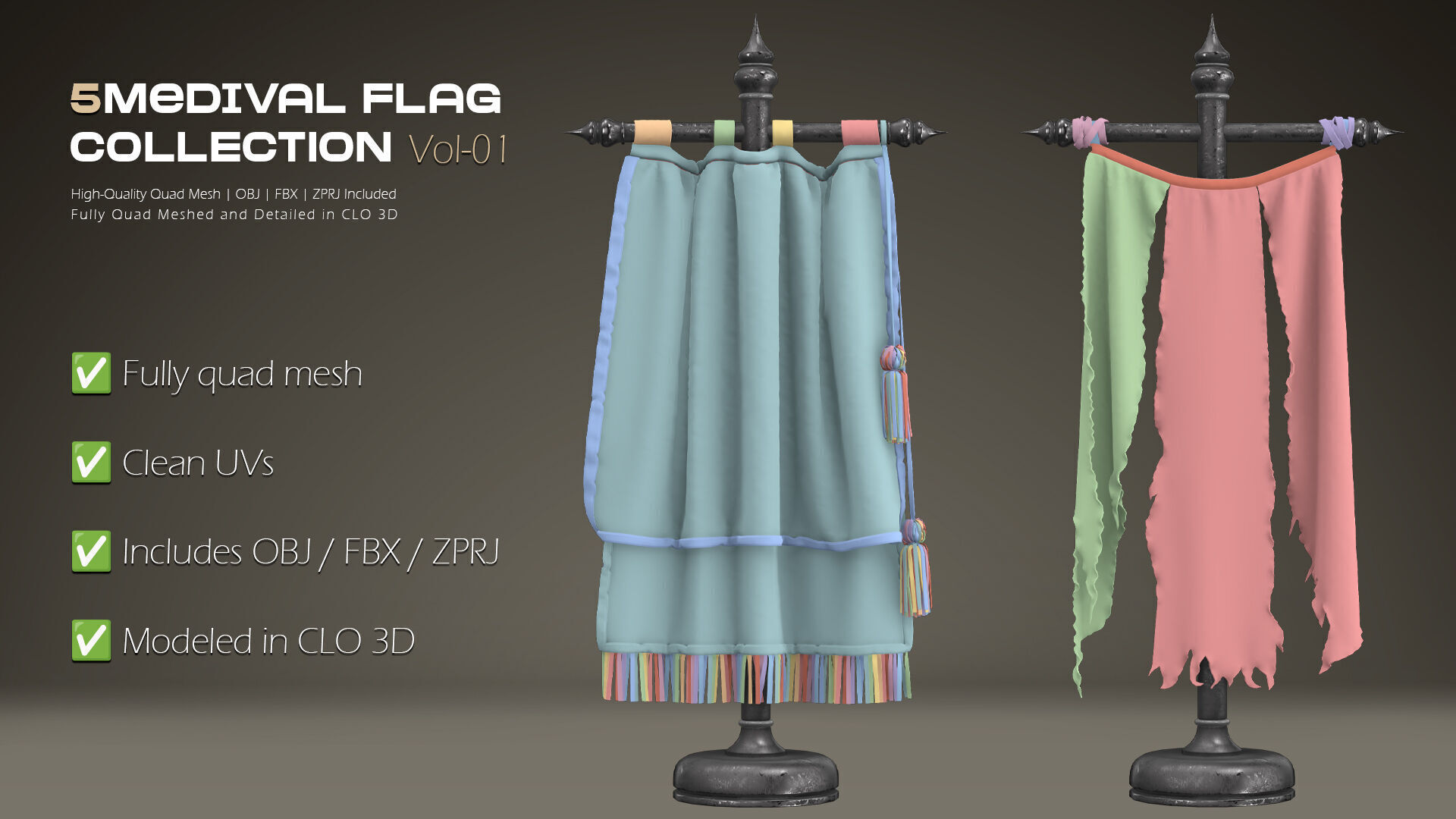 5 Medival Flag COLLECTION Vol 01 Low-poly 3D model_14