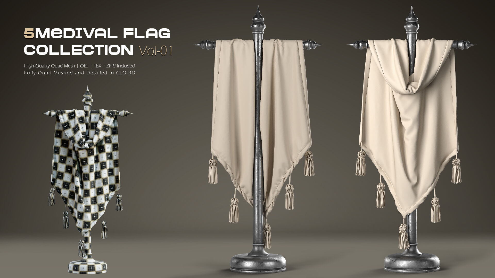 5 Medival Flag COLLECTION Vol 01 Low-poly 3D model_9