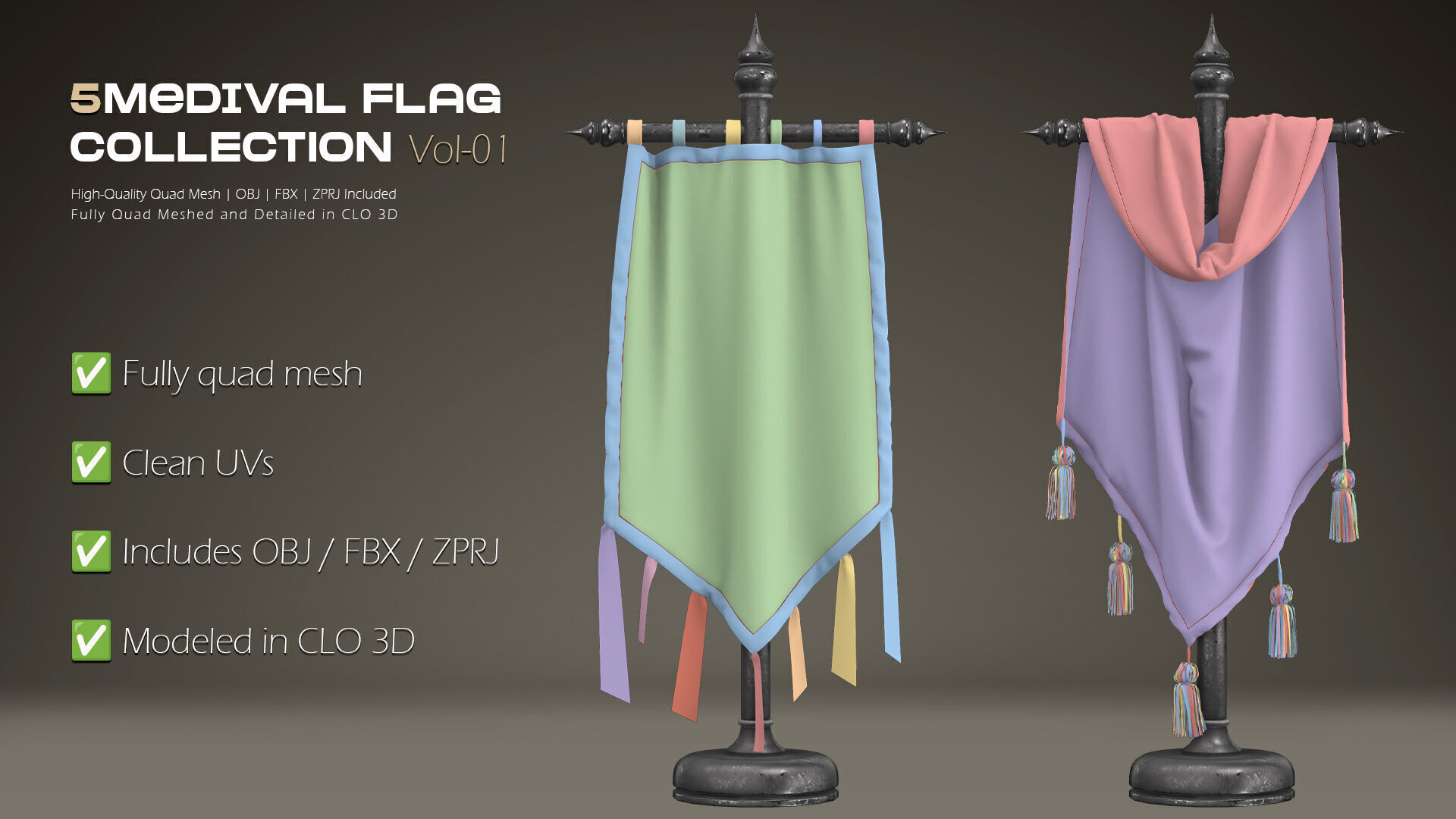 5 Medival Flag COLLECTION Vol 01 Low-poly 3D model_13