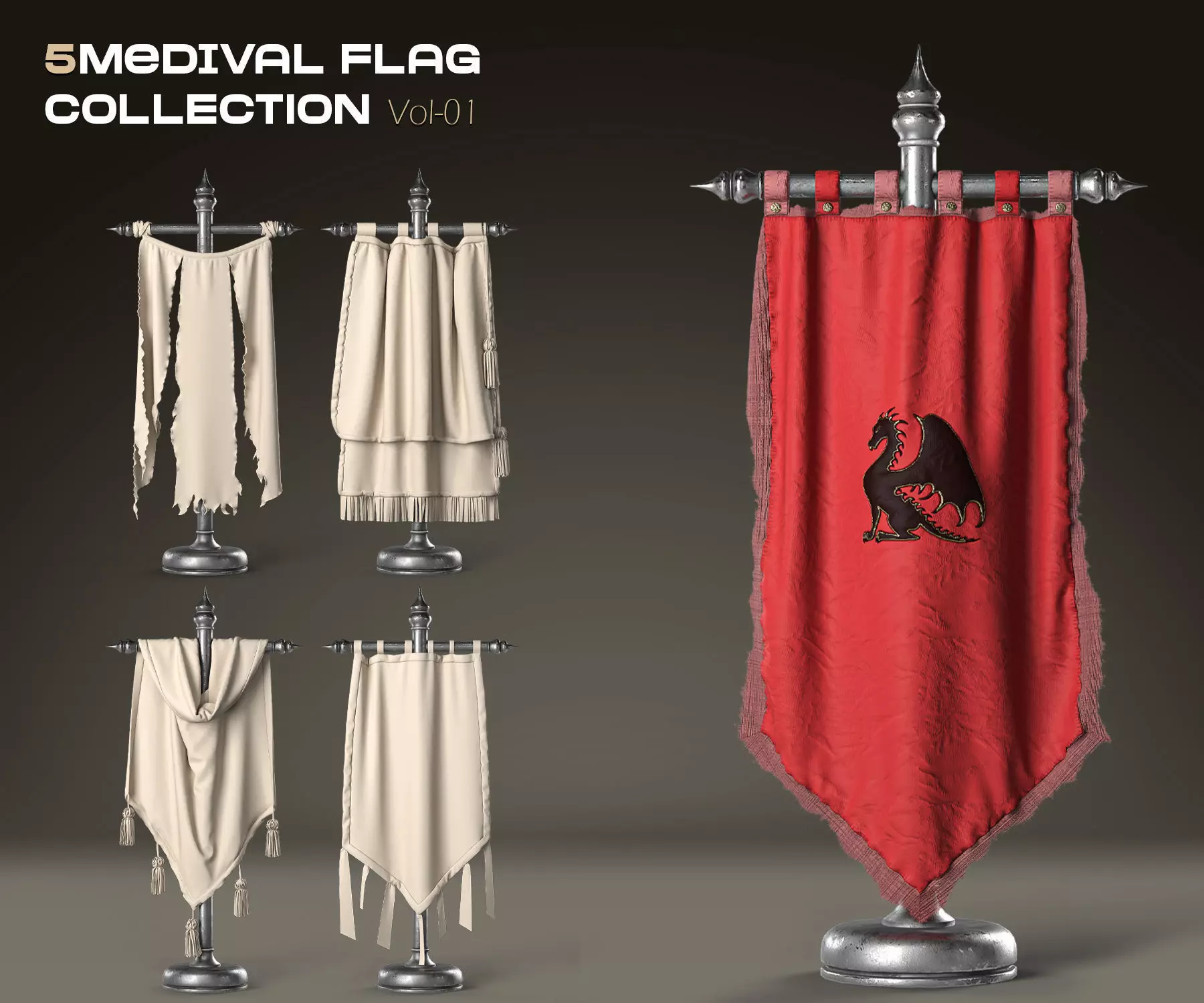 5 Medival Flag COLLECTION Vol 01 Low-poly 3D model_0