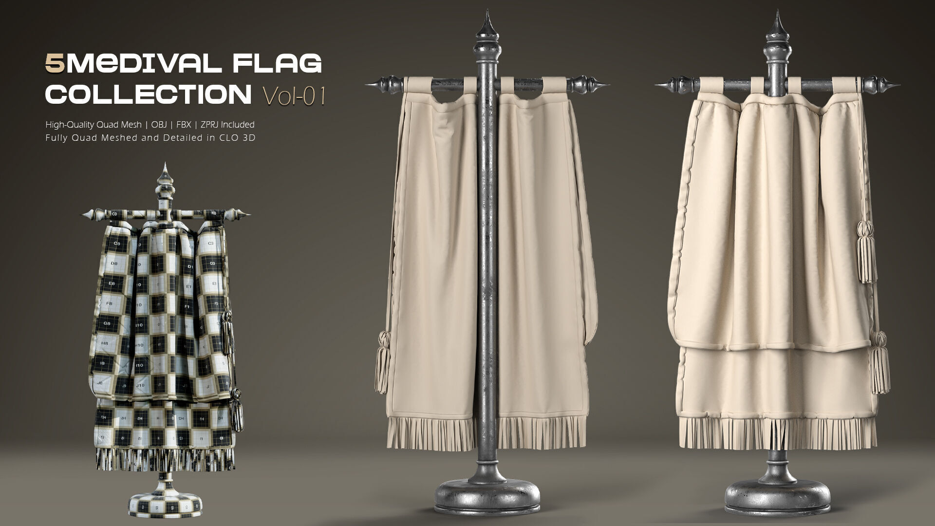 5 Medival Flag COLLECTION Vol 01 Low-poly 3D model_10