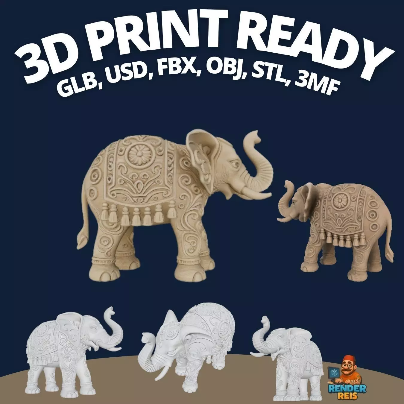Highly Ornate Indian Style Elephant Statue 3D print model_0