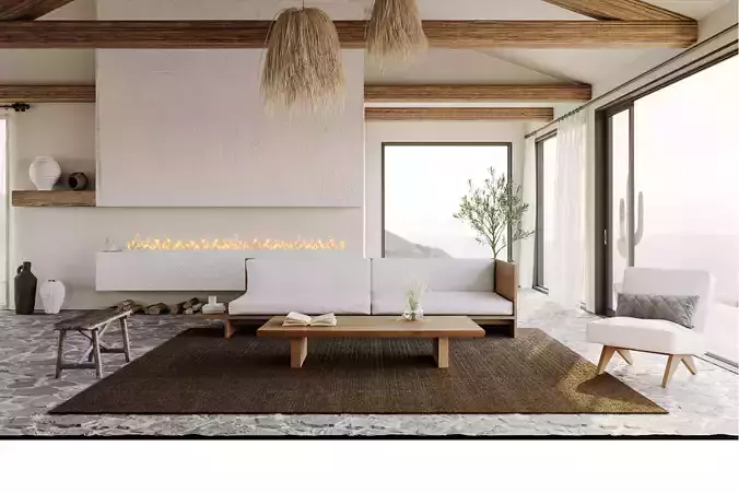 Wabi-sabi atmosphere living room 3D model rendering