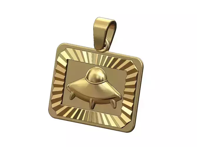 UFO alien saucer landscape faceted sunrays  pendant 