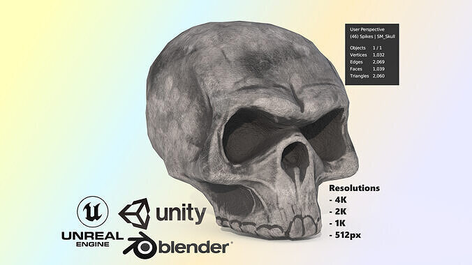 Realistic Human Skull Game-Ready Low-Poly PBR 3D Model Low-poly 3D model