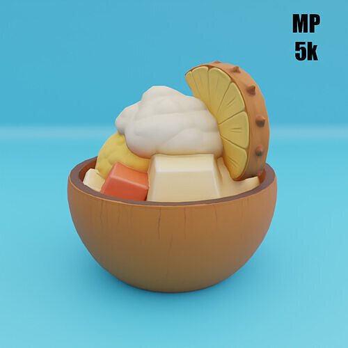 Tropical Dessert Bowl Ice Cream Coconut Shell High Mid Low Poly Low-poly 3D model 6