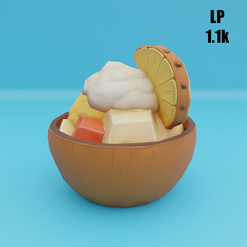 Tropical Dessert Bowl Ice Cream Coconut Shell High Mid Low Poly Low-poly 3D model 7