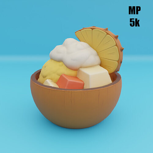 Tropical Dessert Bowl Ice Cream Coconut Shell High Mid Low Poly Low-poly 3D model 3