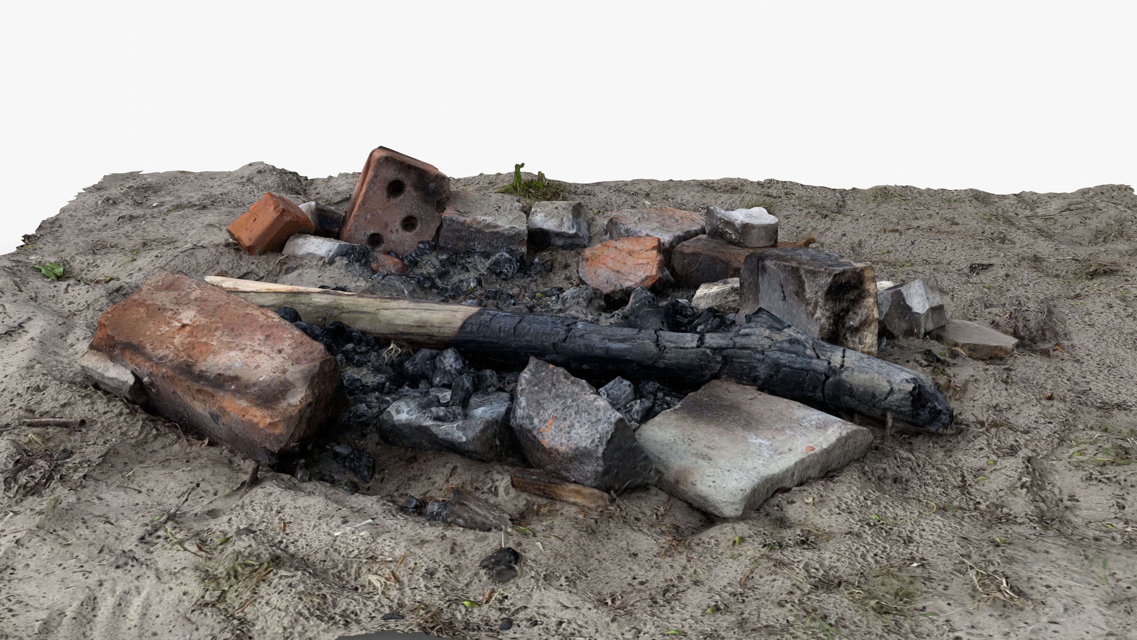 Abandoned Campfire Pit with Burnt Wood and Bricks Scan Low-poly 3D model_8