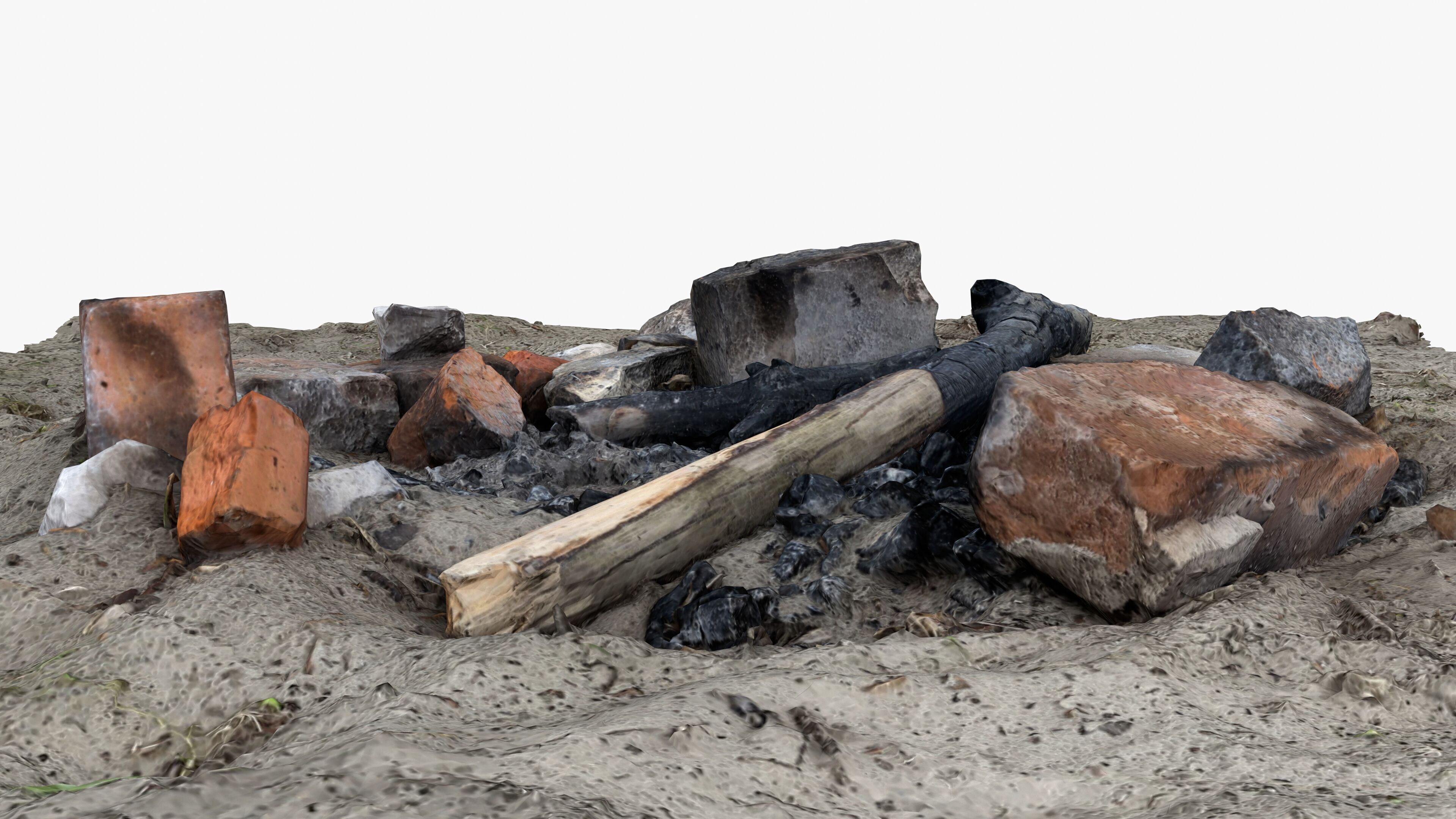 Abandoned Campfire Pit with Burnt Wood and Bricks Scan Low-poly 3D model_14