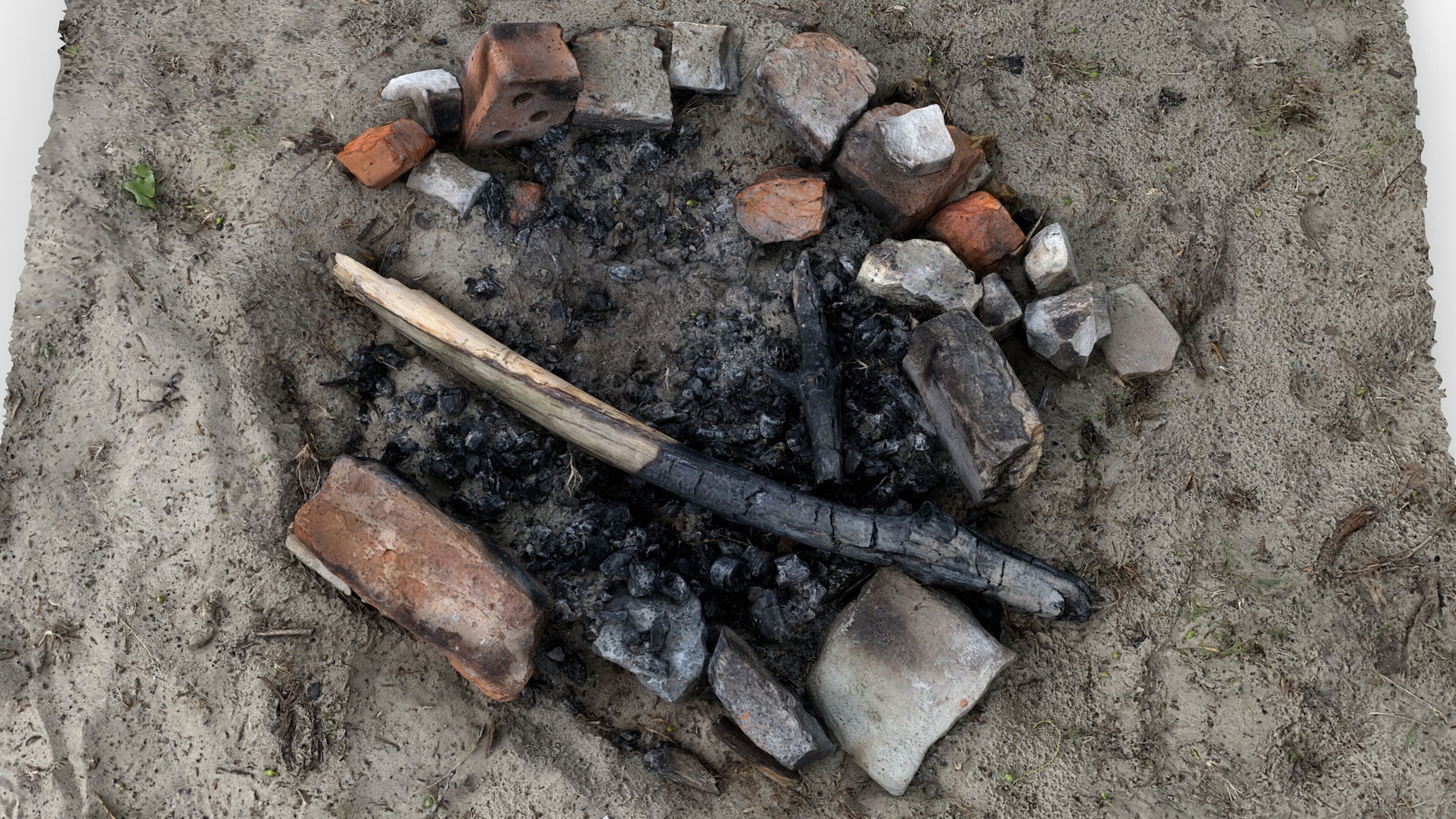 Abandoned Campfire Pit with Burnt Wood and Bricks Scan Low-poly 3D model_13