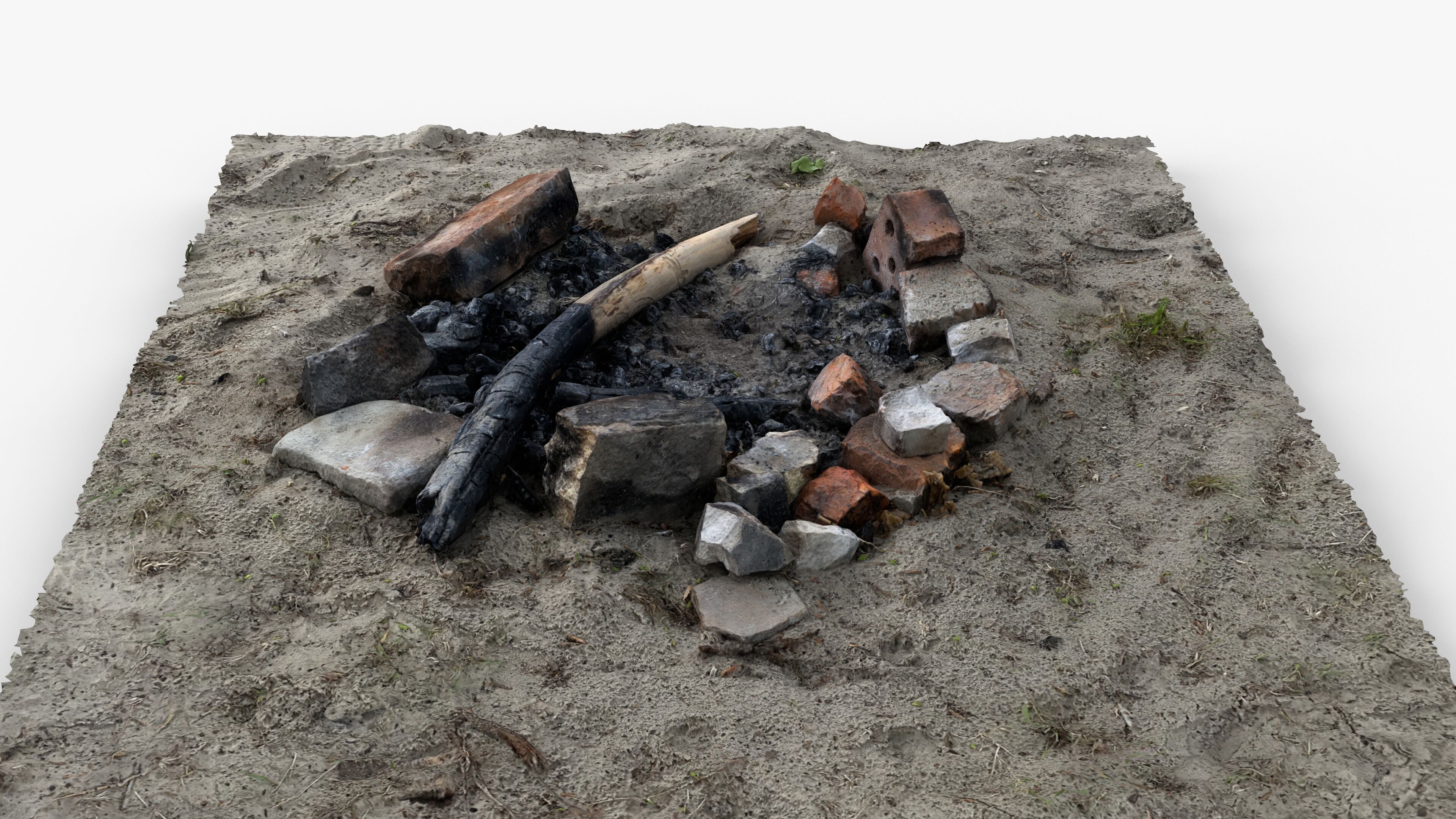 Abandoned Campfire Pit with Burnt Wood and Bricks Scan Low-poly 3D model_6