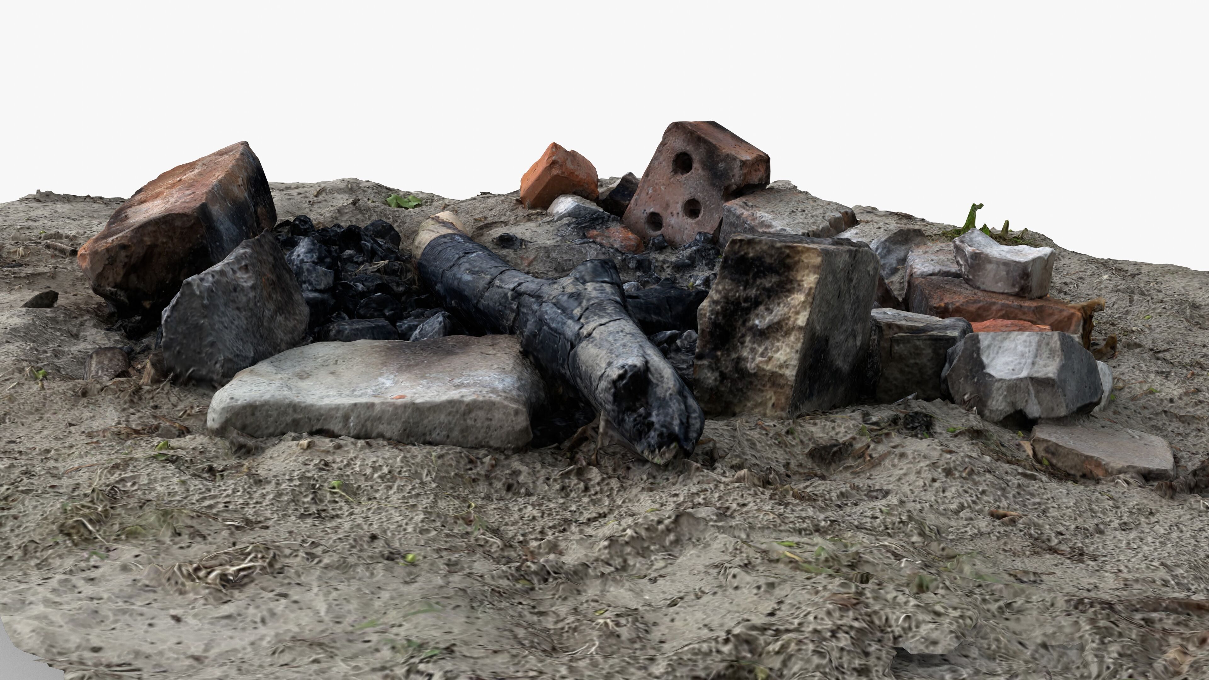 Abandoned Campfire Pit with Burnt Wood and Bricks Scan Low-poly 3D model_9