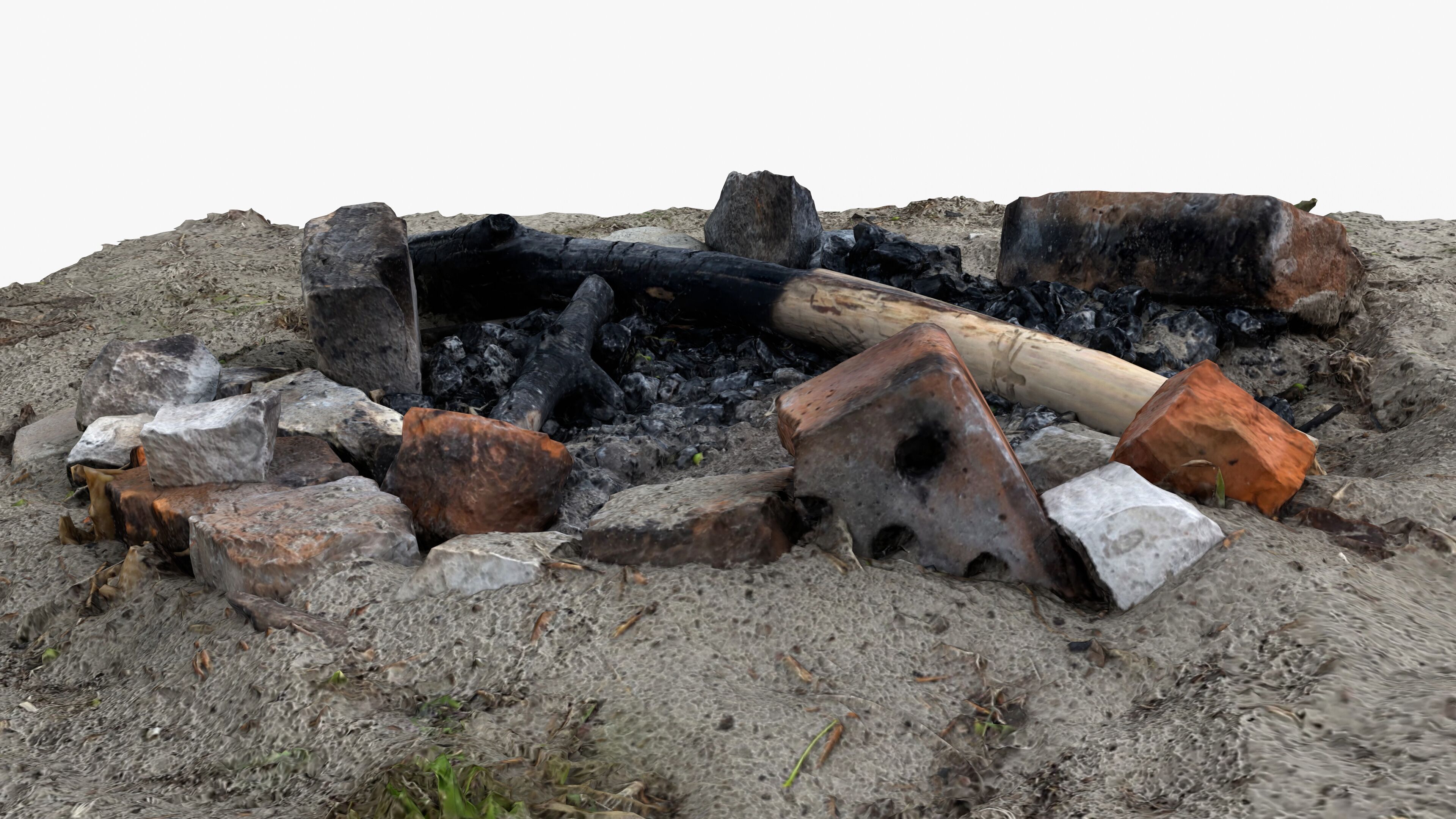 Abandoned Campfire Pit with Burnt Wood and Bricks Scan Low-poly 3D model_12
